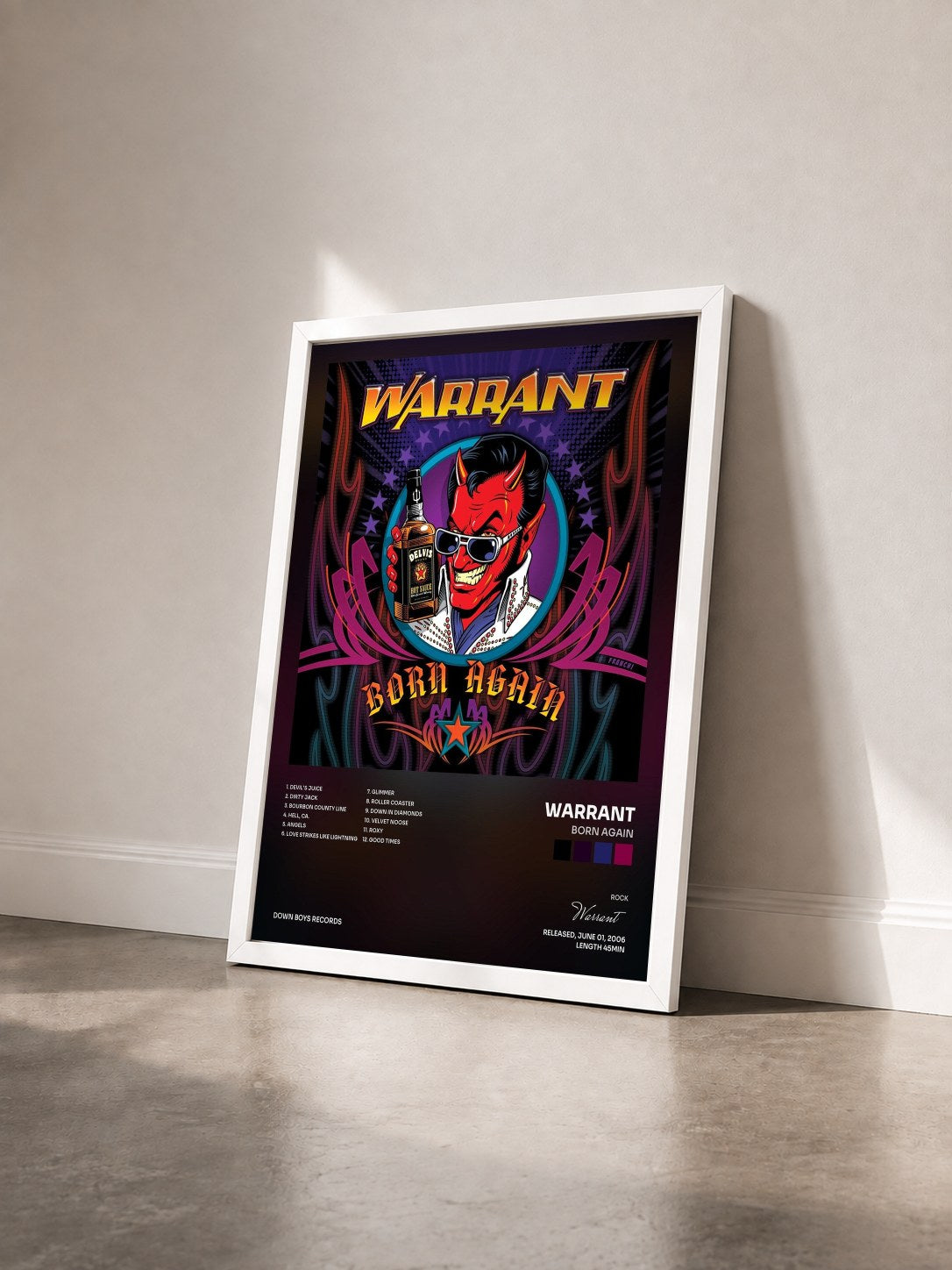 #blanc Tableau de l'album Born Again de Warrant vu de trois quarts, cadre blanc