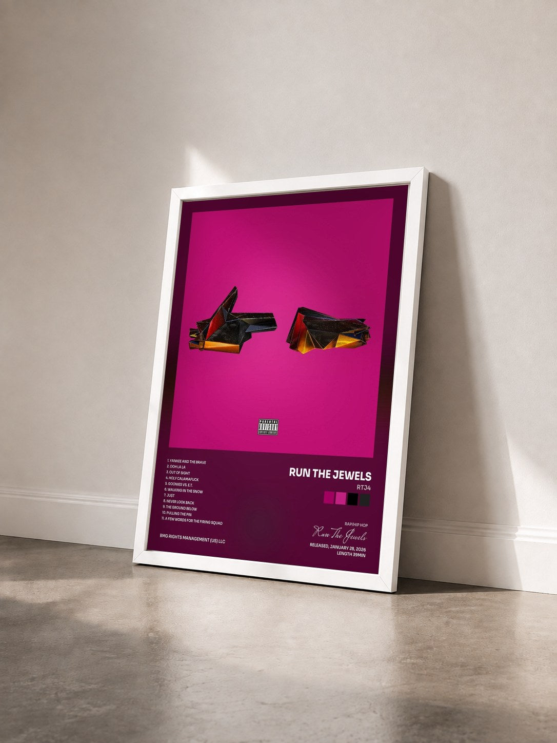 #blanc Tableau de l'album RTJ4 de Run The Jewels vu de trois quarts, cadre blanc