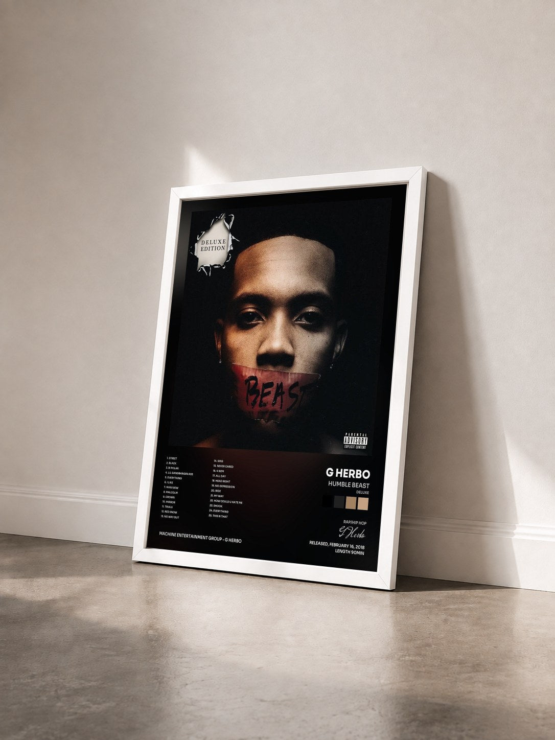 #blanc Tableau de l'album Humble Beast (Deluxe) de G Herbo vu de trois quarts, cadre blanc