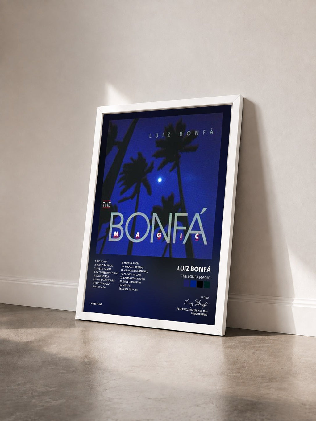 #blanc Tableau de l'album The Bonfa Magic de Luiz Bonfá vu de trois quarts, cadre blanc