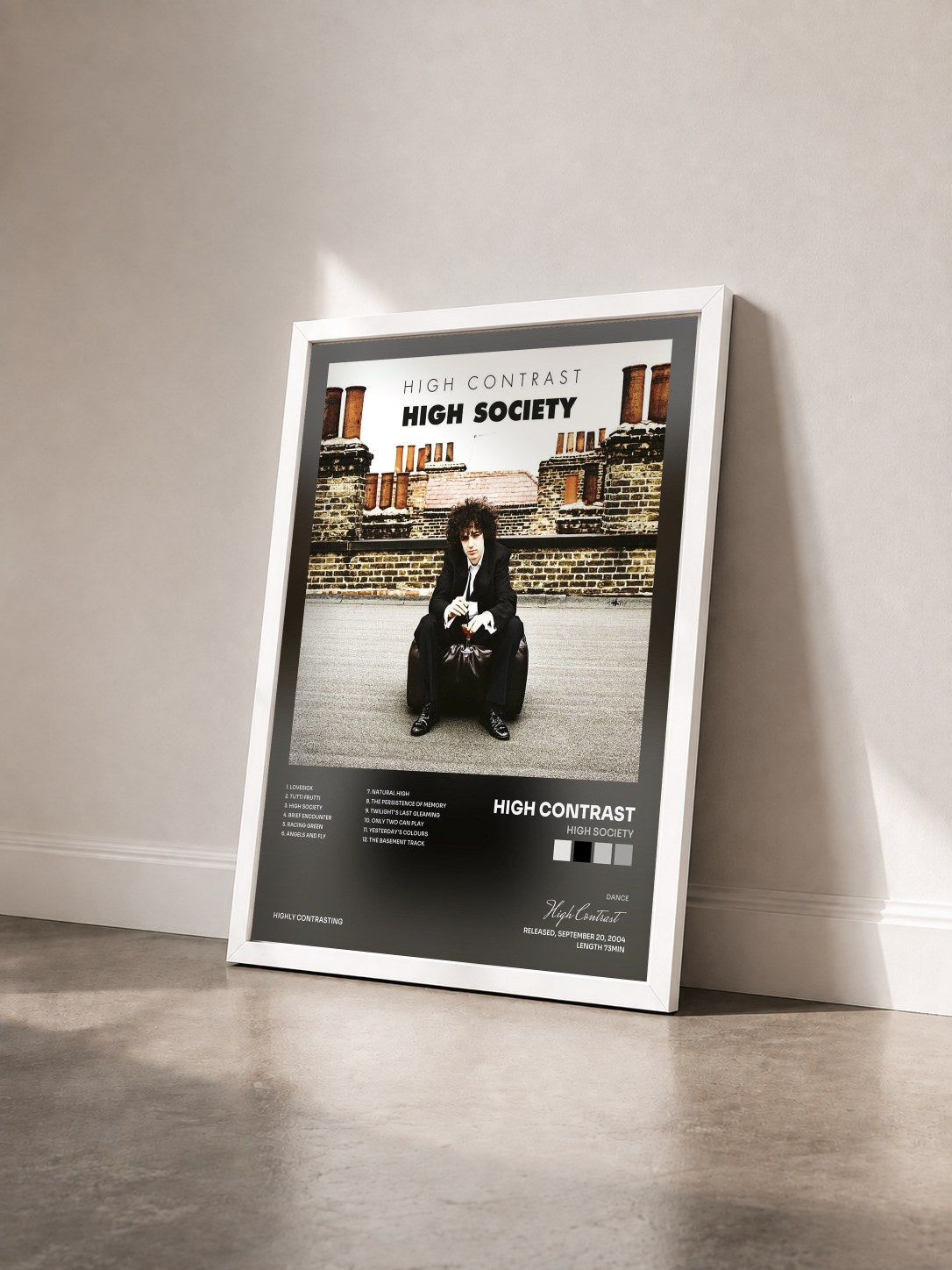 #blanc Tableau de l'album High Society de High Contrast vu de trois quarts, cadre blanc
