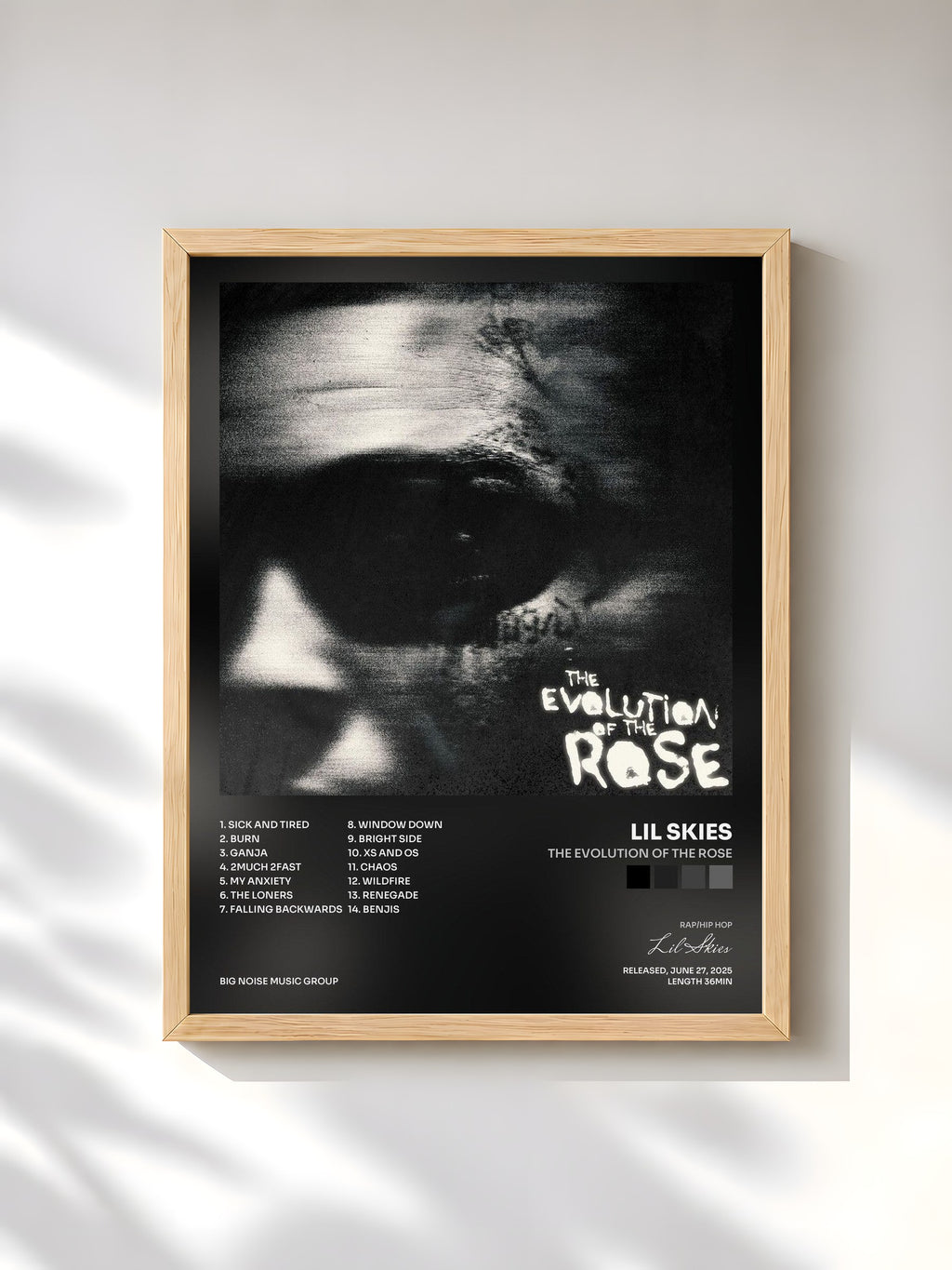 #bois Tableau de l'album The Evolution of the Rose de Lil Skies, cadre en bois brut, imprimé et encadré en France
