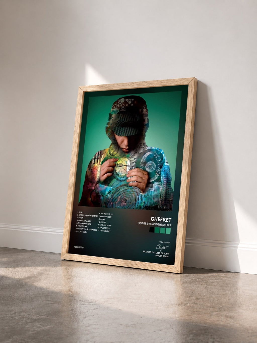#bois Tableau de l'album Einerseits Andererseits de Chefket vu de trois quarts, cadre en bois brut