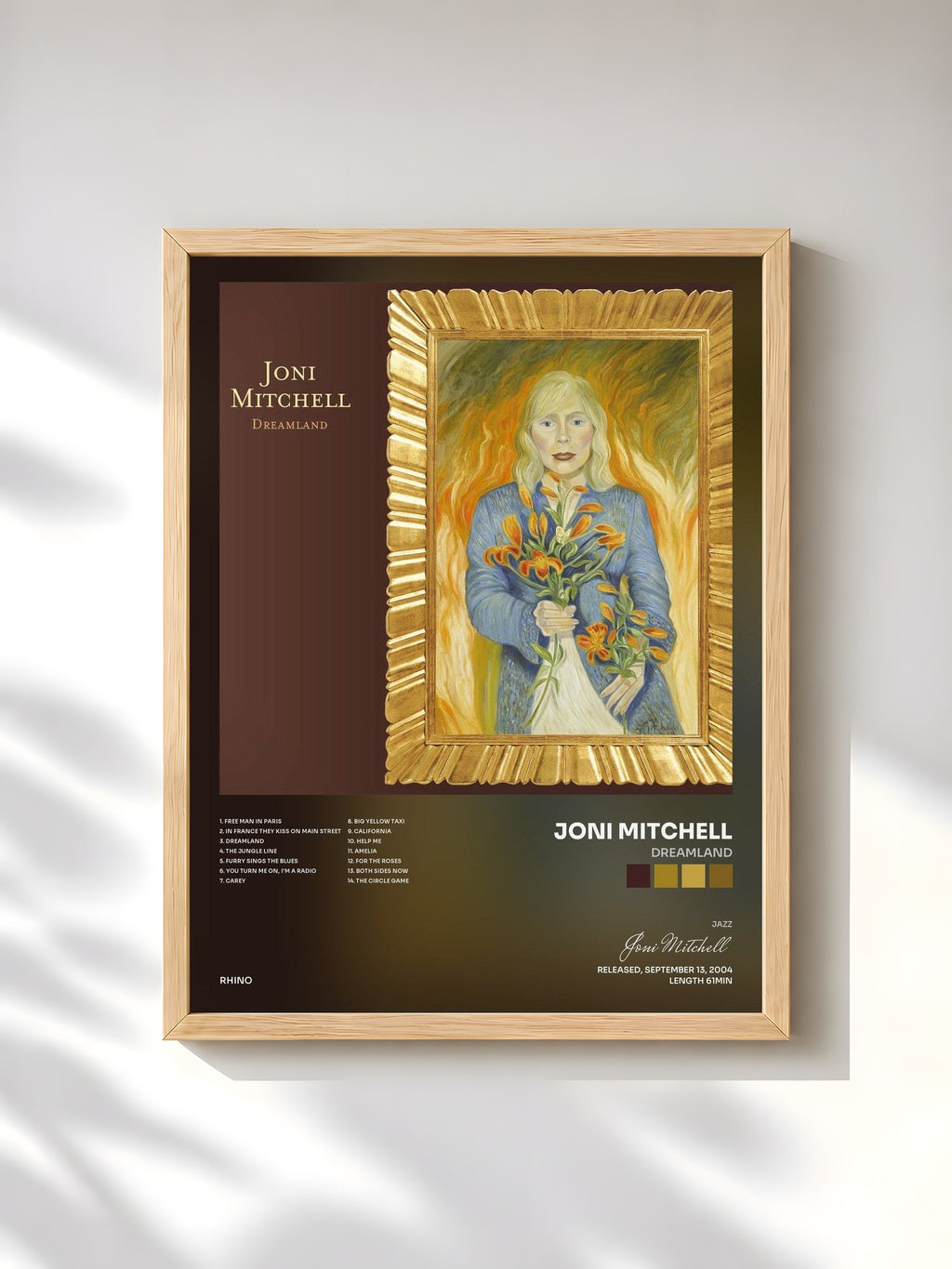#bois Tableau de l'album Dreamland de Joni Mitchell, cadre en bois brut, imprimé et encadré en France