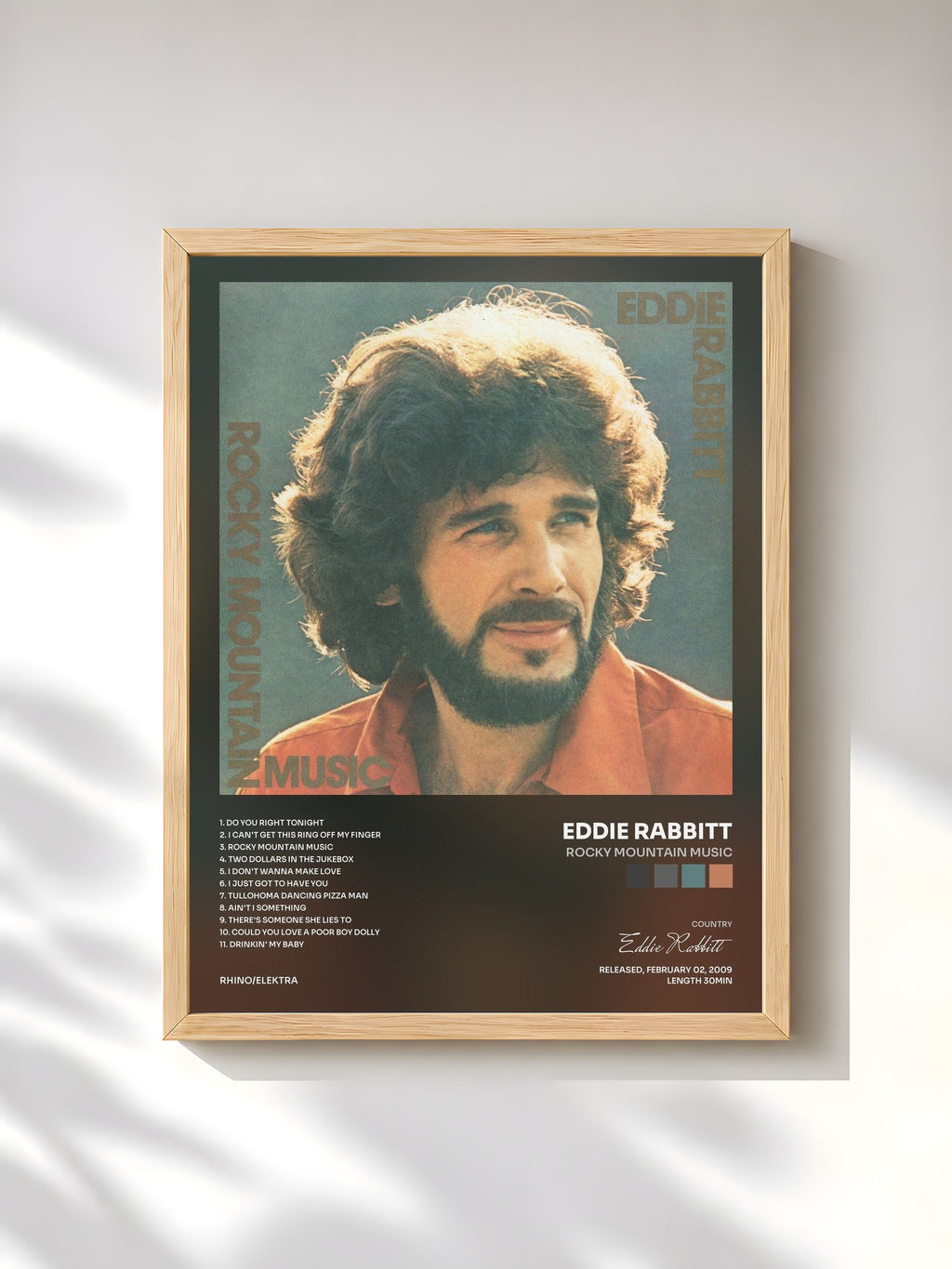 #bois Tableau de l'album Rocky Mountain Music de Eddie Rabbitt, cadre en bois brut, imprimé et encadré en France