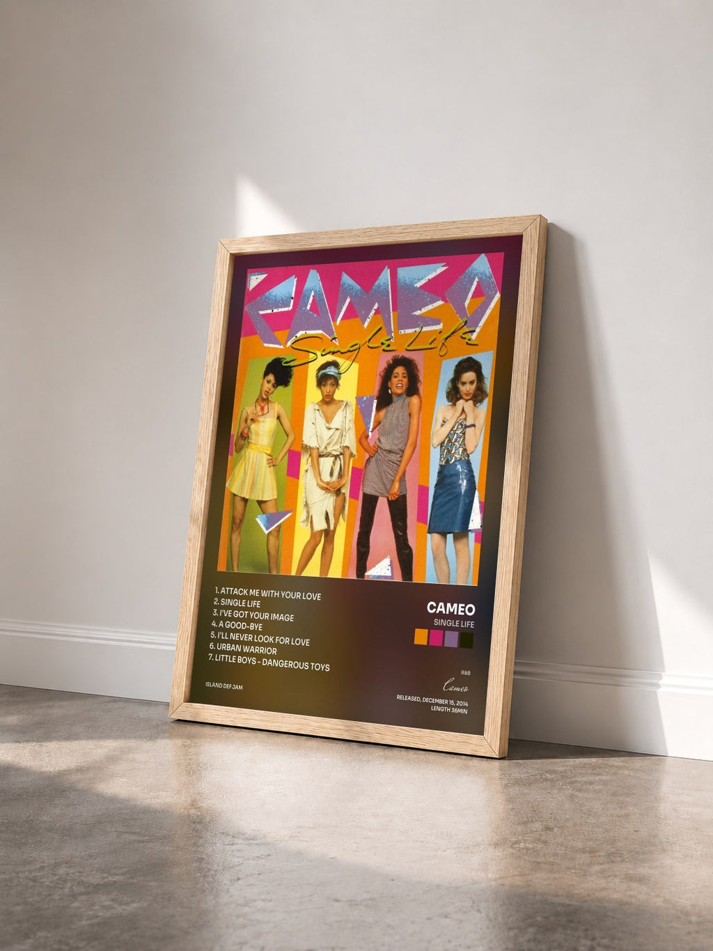 #bois Tableau de l'album Single Life de Cameo vu de trois quarts, cadre en bois brut