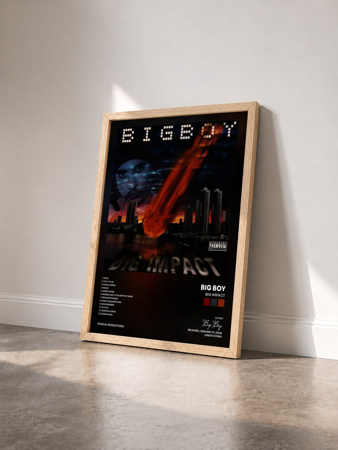 #bois Tableau de l'album Big Impact de Big Boy vu de trois quarts, cadre en bois brut