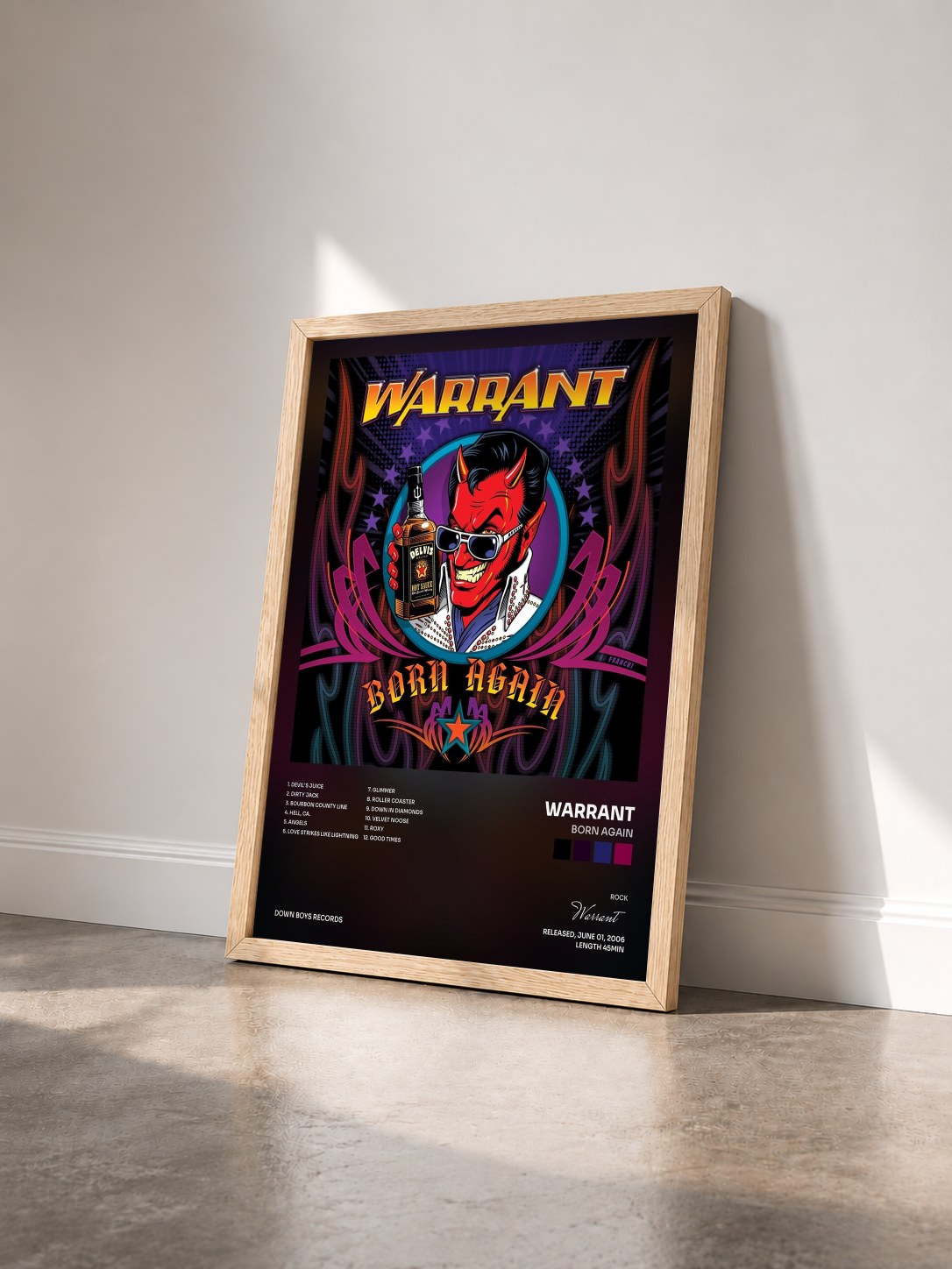 #bois Tableau de l'album Born Again de Warrant vu de trois quarts, cadre en bois brut