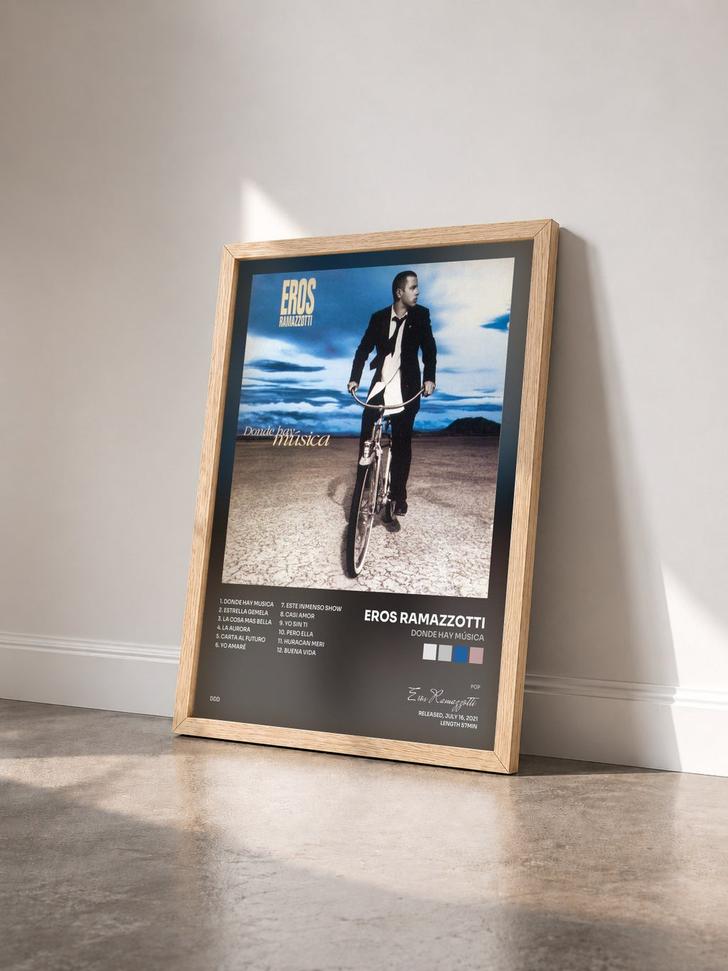 #bois Tableau de l'album Donde Hay Música de Eros Ramazzotti vu de trois quarts, cadre en bois brut