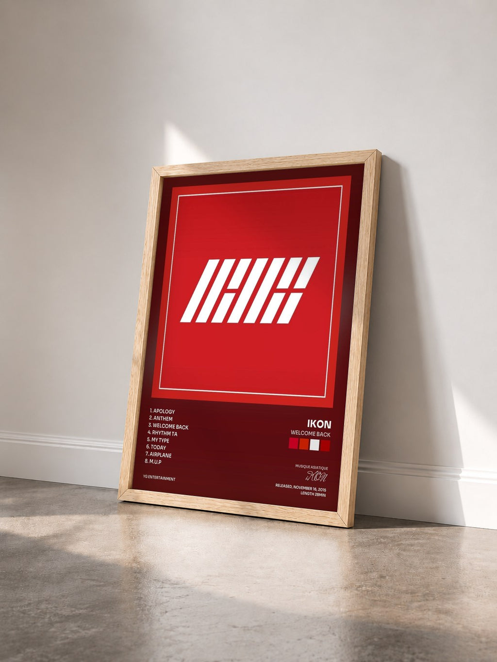 #bois Tableau de l'album WELCOME BACK de iKON vu de trois quarts, cadre en bois brut