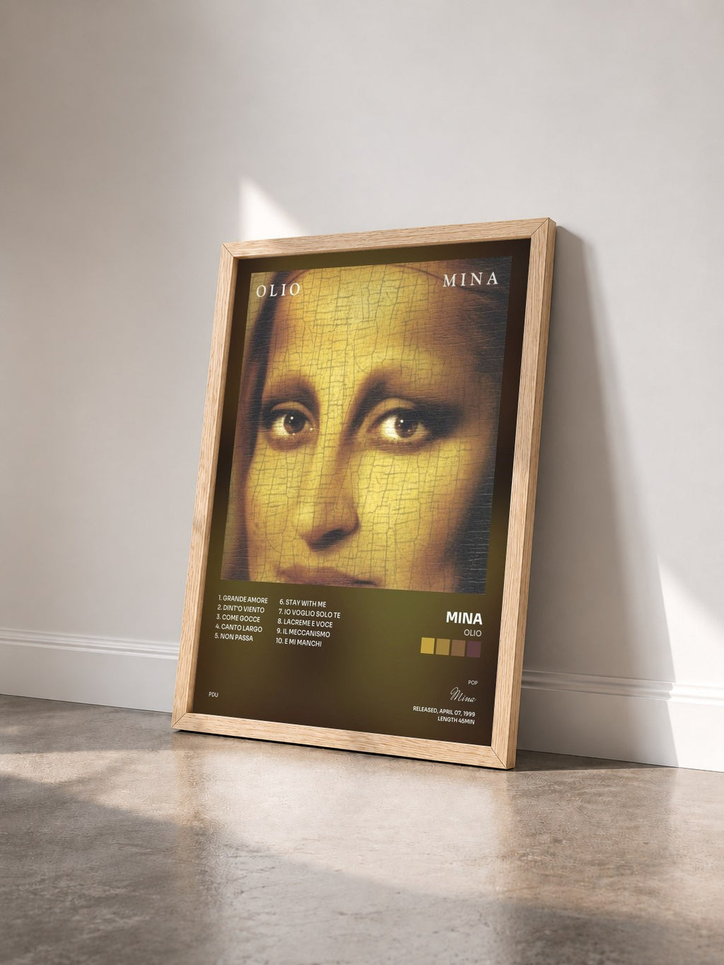 #bois Tableau de l'album Olio de Mina vu de trois quarts, cadre en bois brut