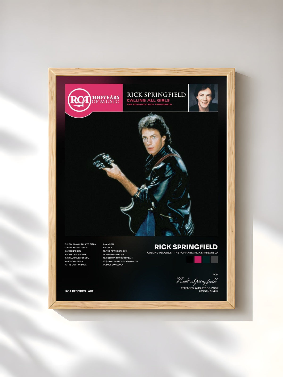 #bois Tableau de l'album Calling All Girls - The Romantic Rick Springfield de Rick Springfield, cadre en bois brut, imprimé et encadré en France