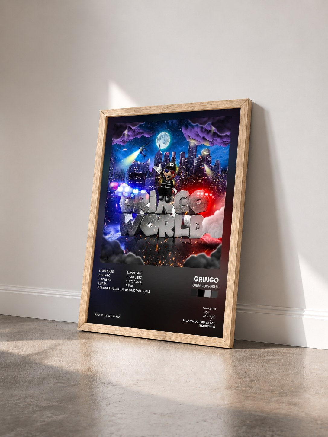 #bois Tableau de l'album GRiNGOWORLD de Gringo vu de trois quarts, cadre en bois brut