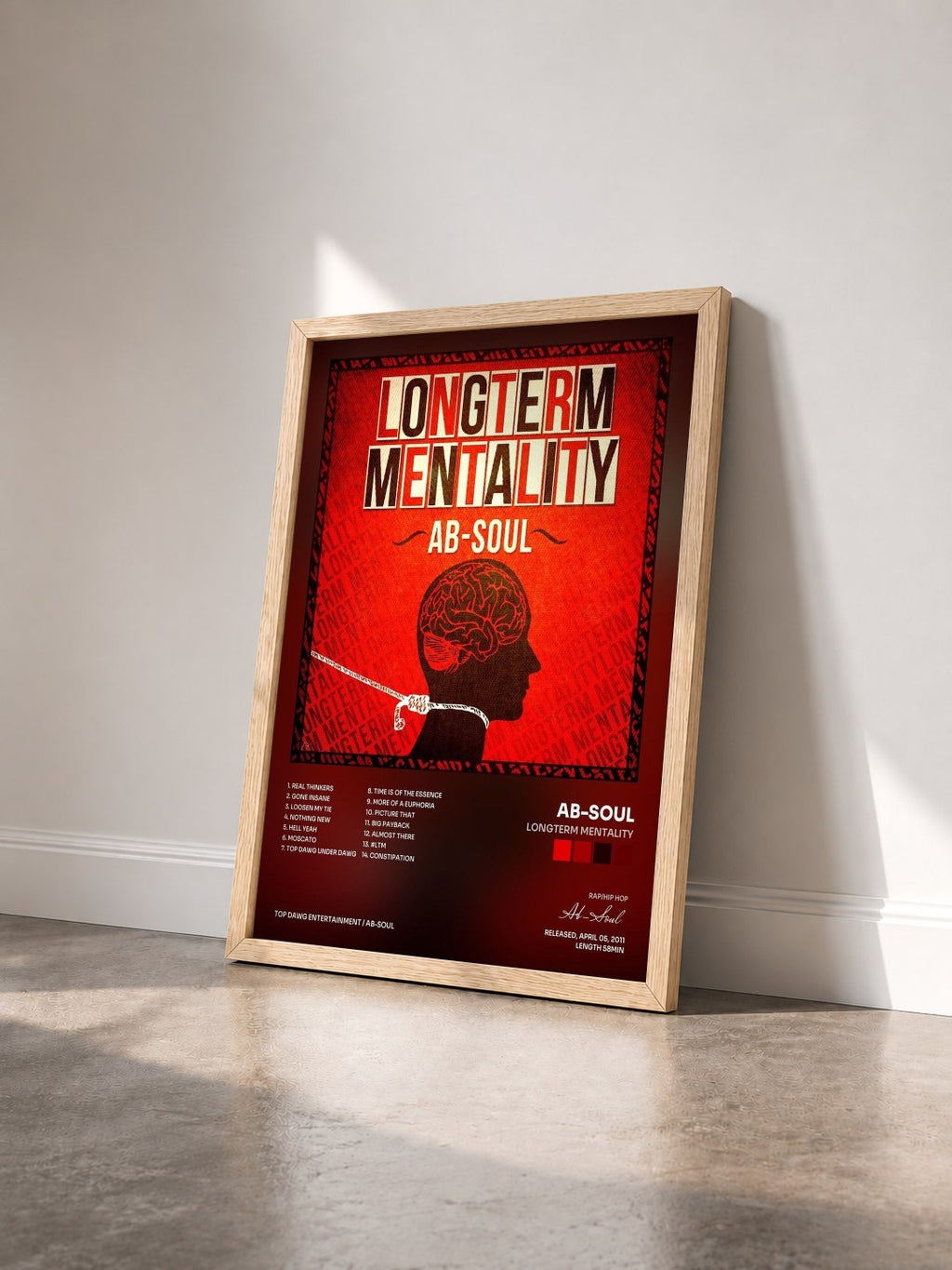 #bois Tableau de l'album Longterm Mentality de Ab-Soul vu de trois quarts, cadre en bois brut