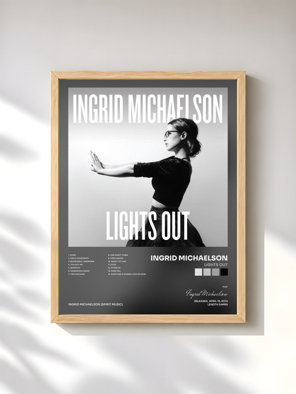 #bois Tableau de l'album Lights Out de Ingrid Michaelson, cadre en bois brut, imprimé et encadré en France