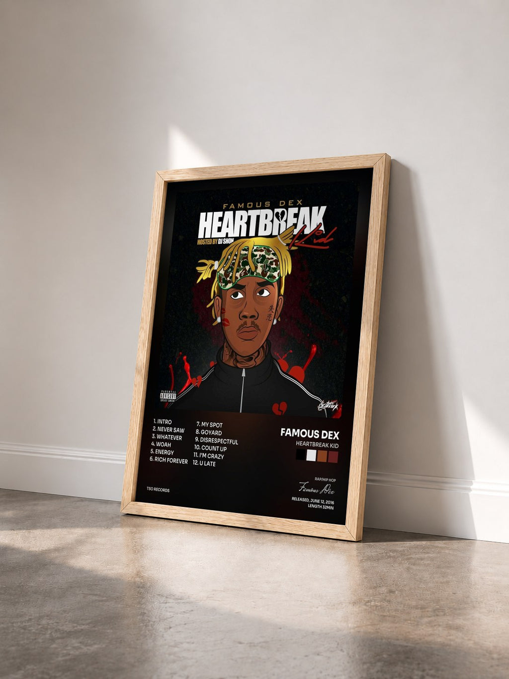 #bois Tableau de l'album Heartbreak Kid de Famous Dex vu de trois quarts, cadre en bois brut