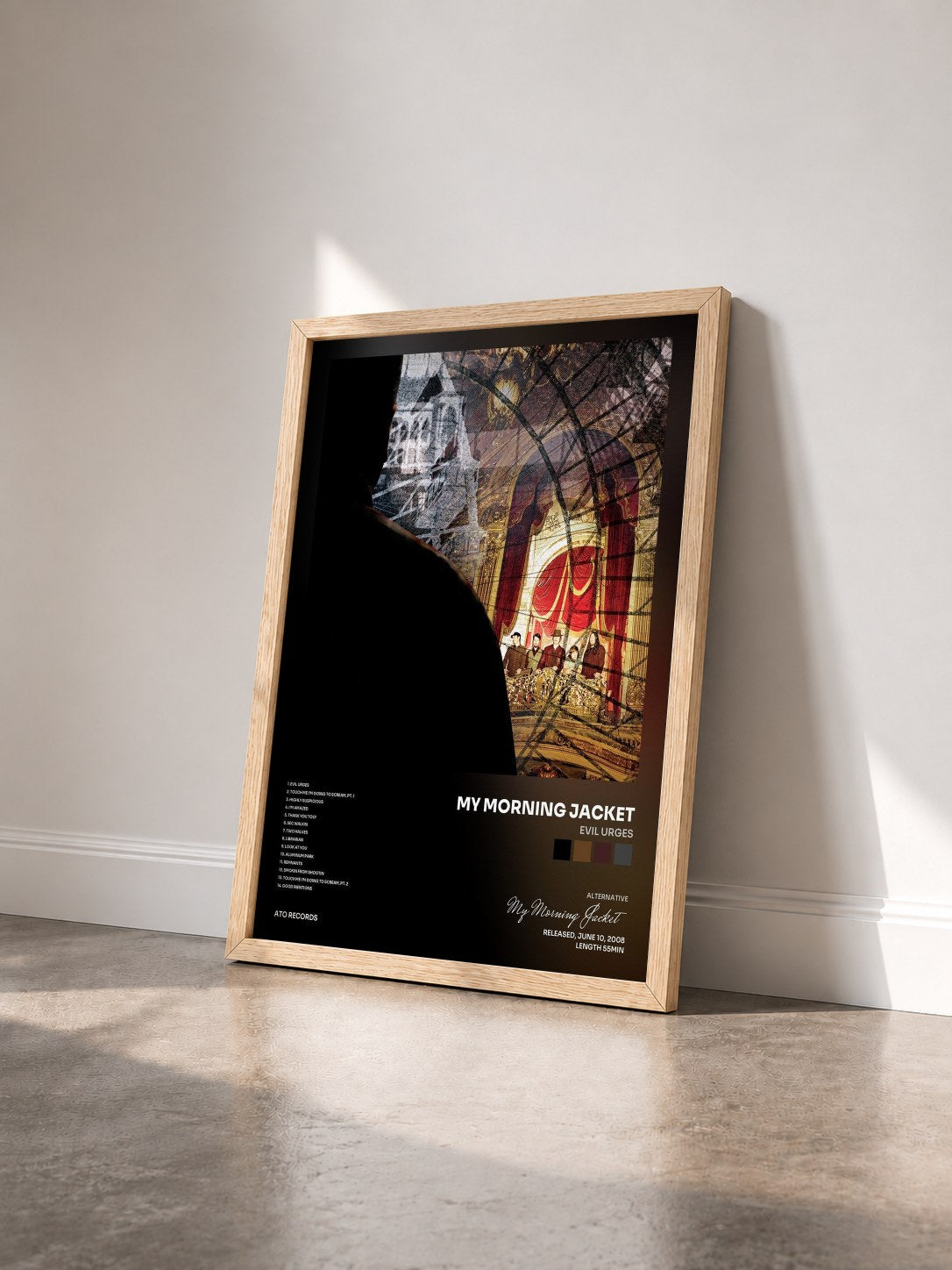 #bois Tableau de l'album Evil Urges de My Morning Jacket vu de trois quarts, cadre en bois brut