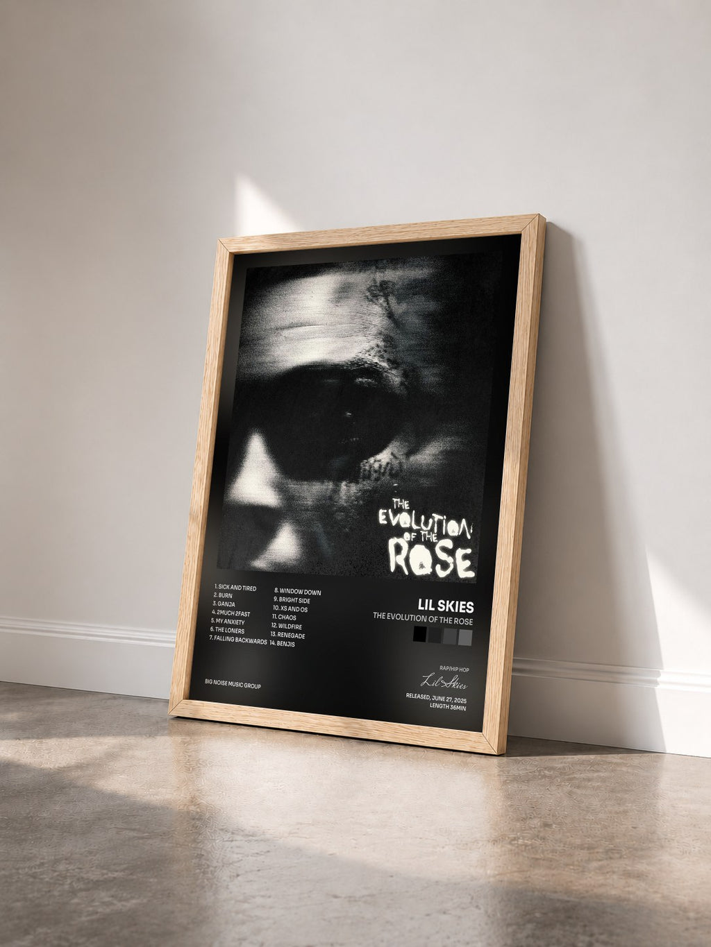 #bois Tableau de l'album The Evolution of the Rose de Lil Skies vu de trois quarts, cadre en bois brut