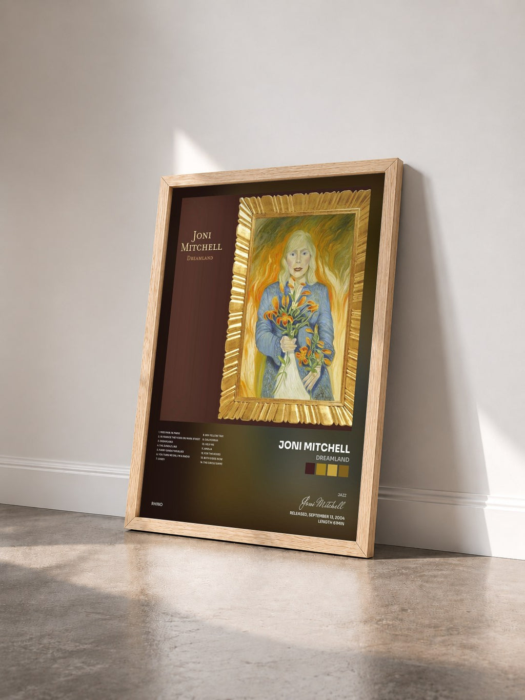 #bois Tableau de l'album Dreamland de Joni Mitchell vu de trois quarts, cadre en bois brut