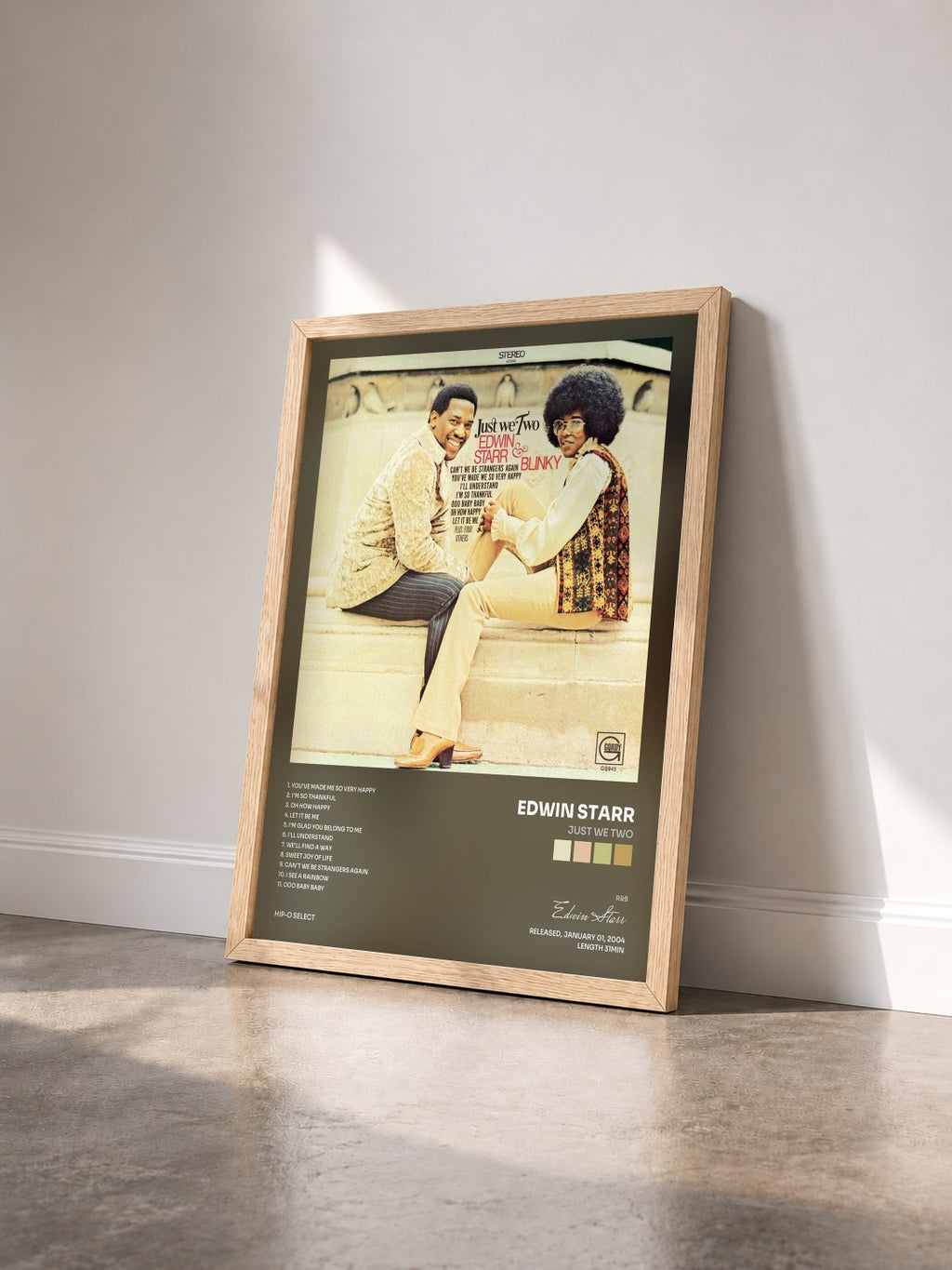 #bois Tableau de l'album Just We Two de Edwin Starr vu de trois quarts, cadre en bois brut