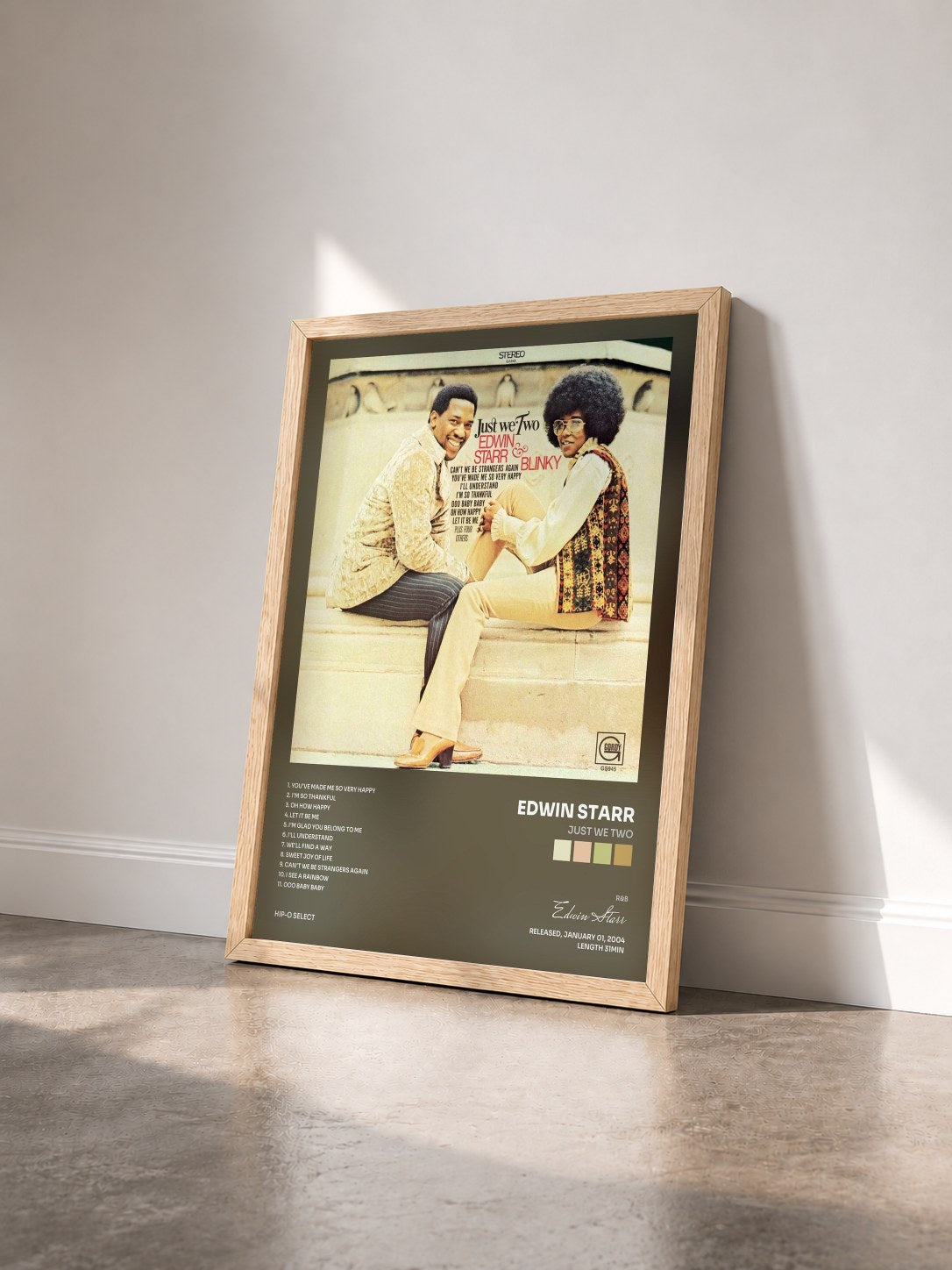 #bois Tableau de l'album Just We Two de Edwin Starr vu de trois quarts, cadre en bois brut
