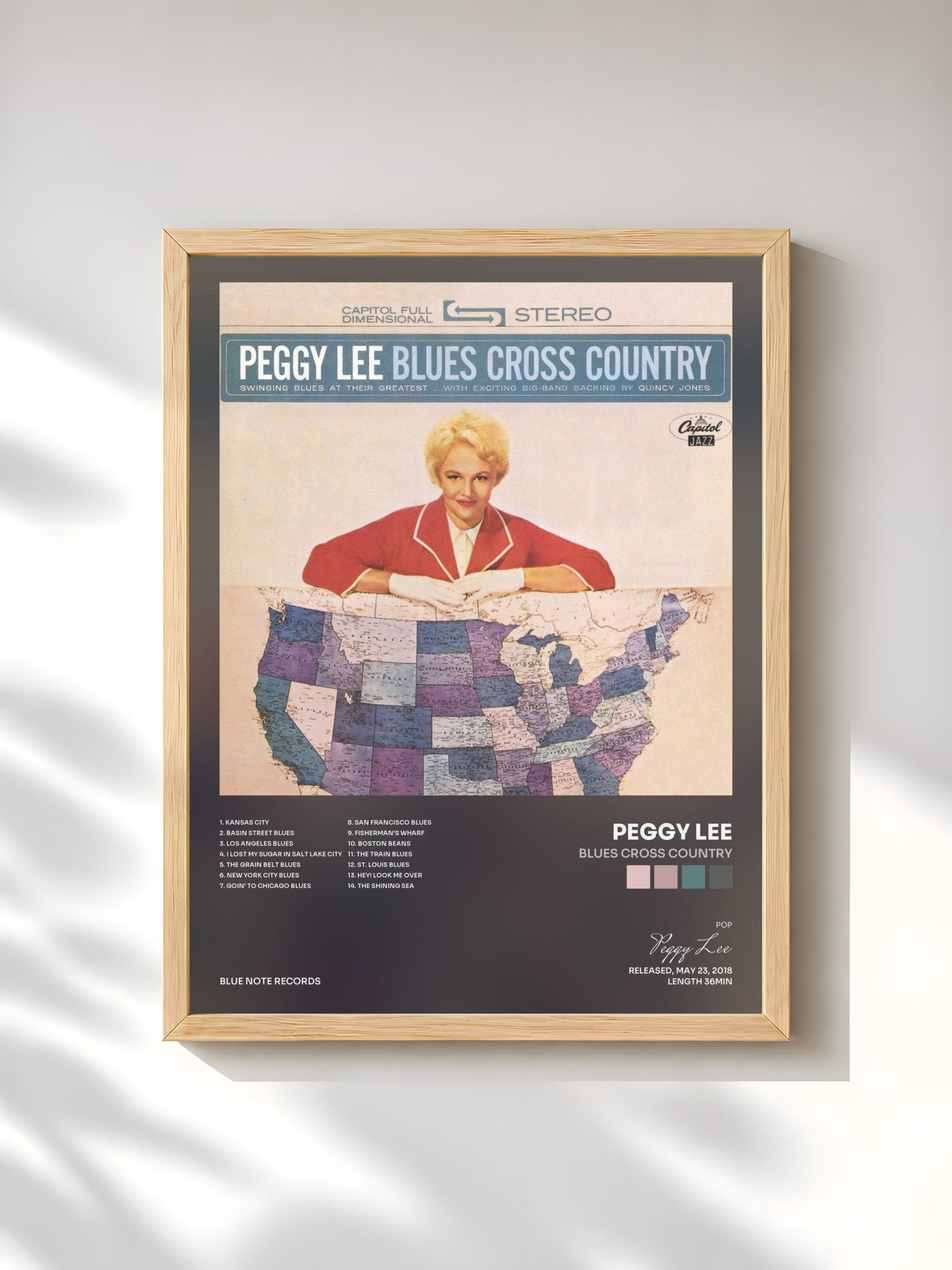 #bois Tableau de l'album Blues Cross Country de Peggy Lee, cadre en bois brut, imprimé et encadré en France
