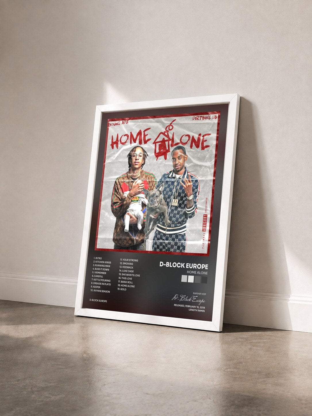 #blanc Tableau de l'album Home Alone de D-Block Europe vu de trois quarts, cadre blanc