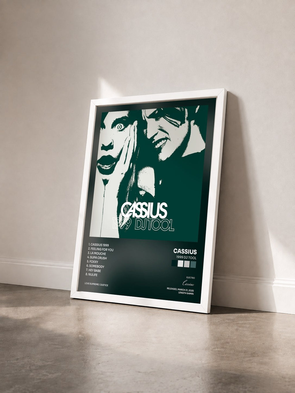#blanc Tableau de l'album 1999 DJ Tool de Cassius vu de trois quarts, cadre blanc