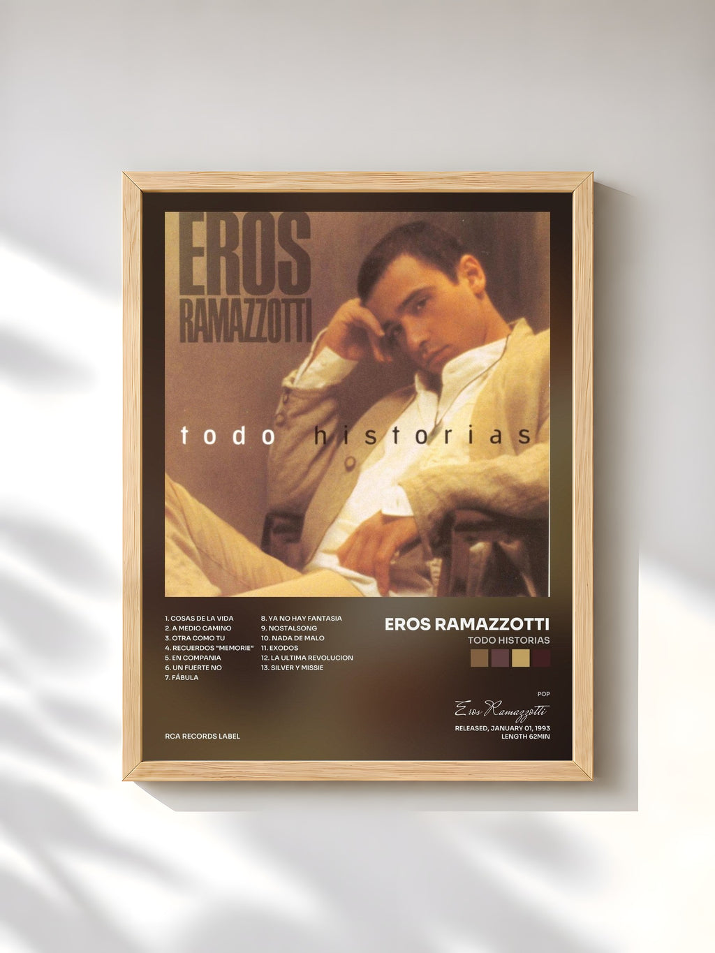 #bois Tableau de l'album Todo Historias de Eros Ramazzotti, cadre en bois brut, imprimé et encadré en France