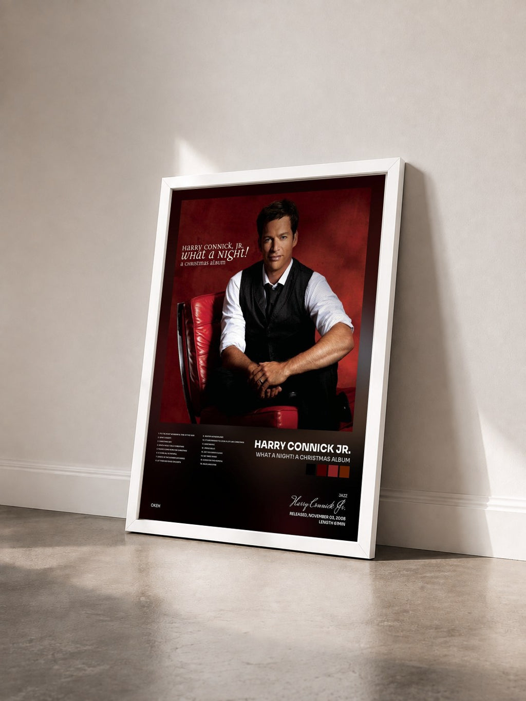 #blanc Tableau de l'album What A Night! A Christmas Album de Harry Connick Jr. vu de trois quarts, cadre blanc