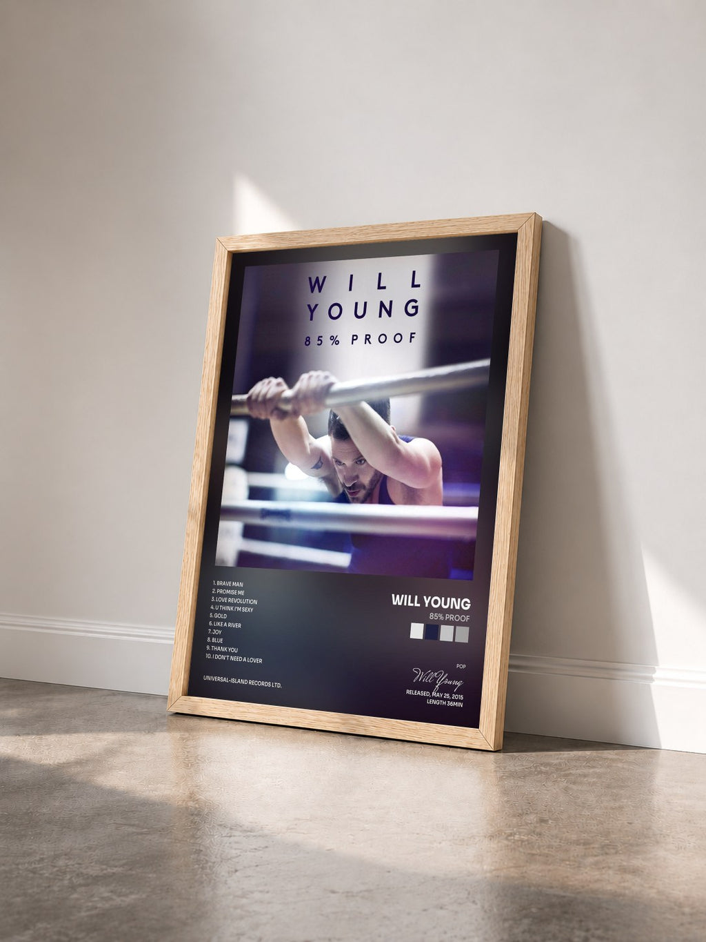 #bois Tableau de l'album 85% Proof de Will Young vu de trois quarts, cadre en bois brut