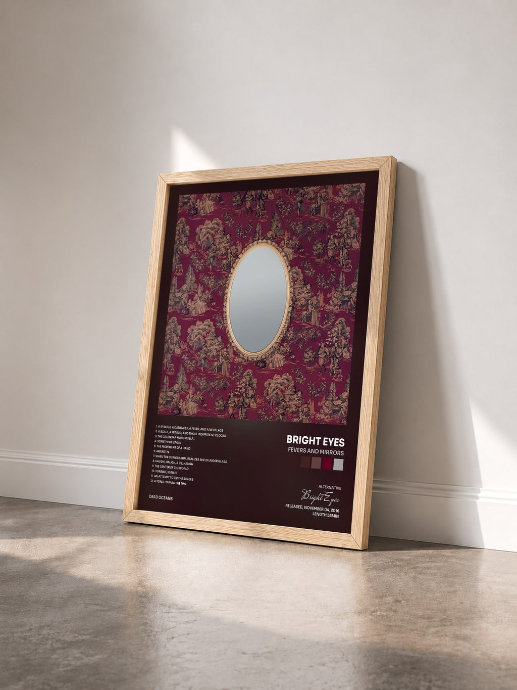 #bois Tableau de l'album Fevers and Mirrors de Bright Eyes vu de trois quarts, cadre en bois brut