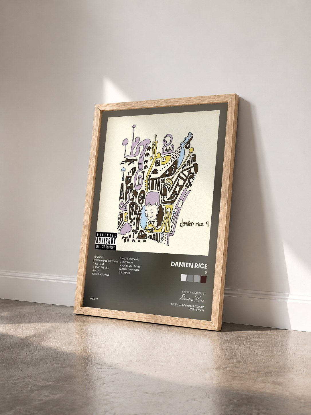 #bois Tableau de l'album 9 de Damien Rice vu de trois quarts, cadre en bois brut