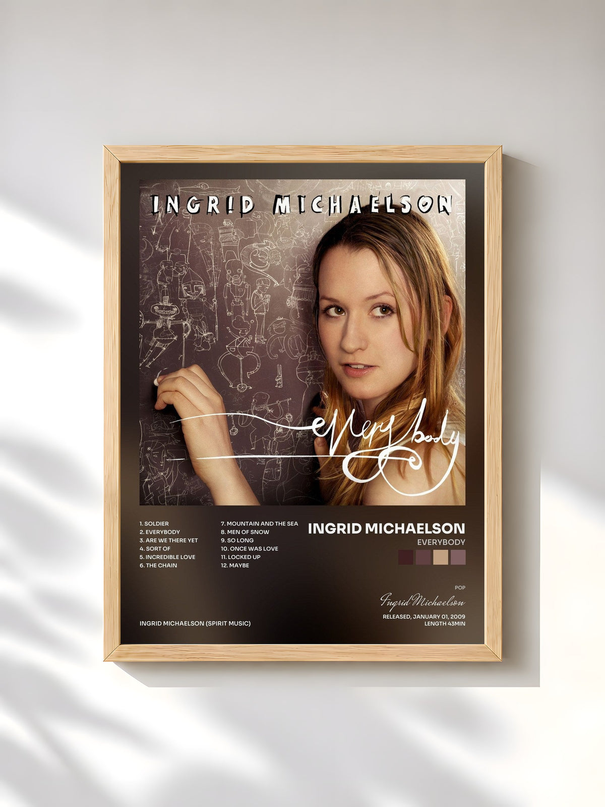#bois Tableau de l'album Everybody de Ingrid Michaelson, cadre en bois brut, imprimé et encadré en France