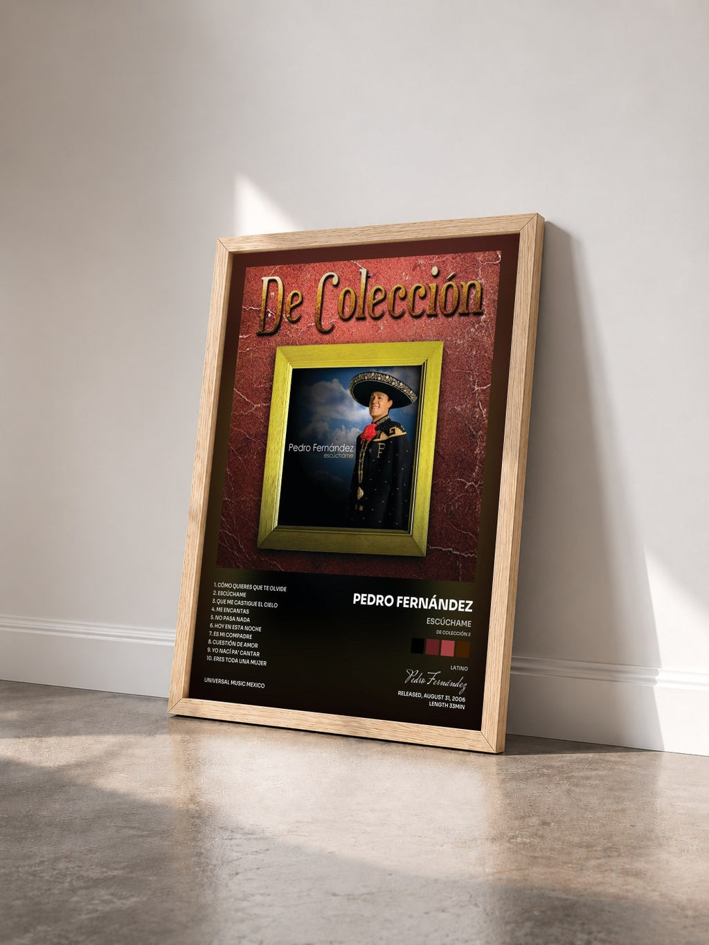 #bois Tableau de l'album Escúchame (De Colección 2) de Pedro Fernández vu de trois quarts, cadre en bois brut