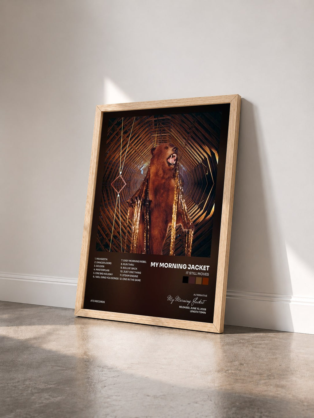 #bois Tableau de l'album It Still Moves de My Morning Jacket vu de trois quarts, cadre en bois brut