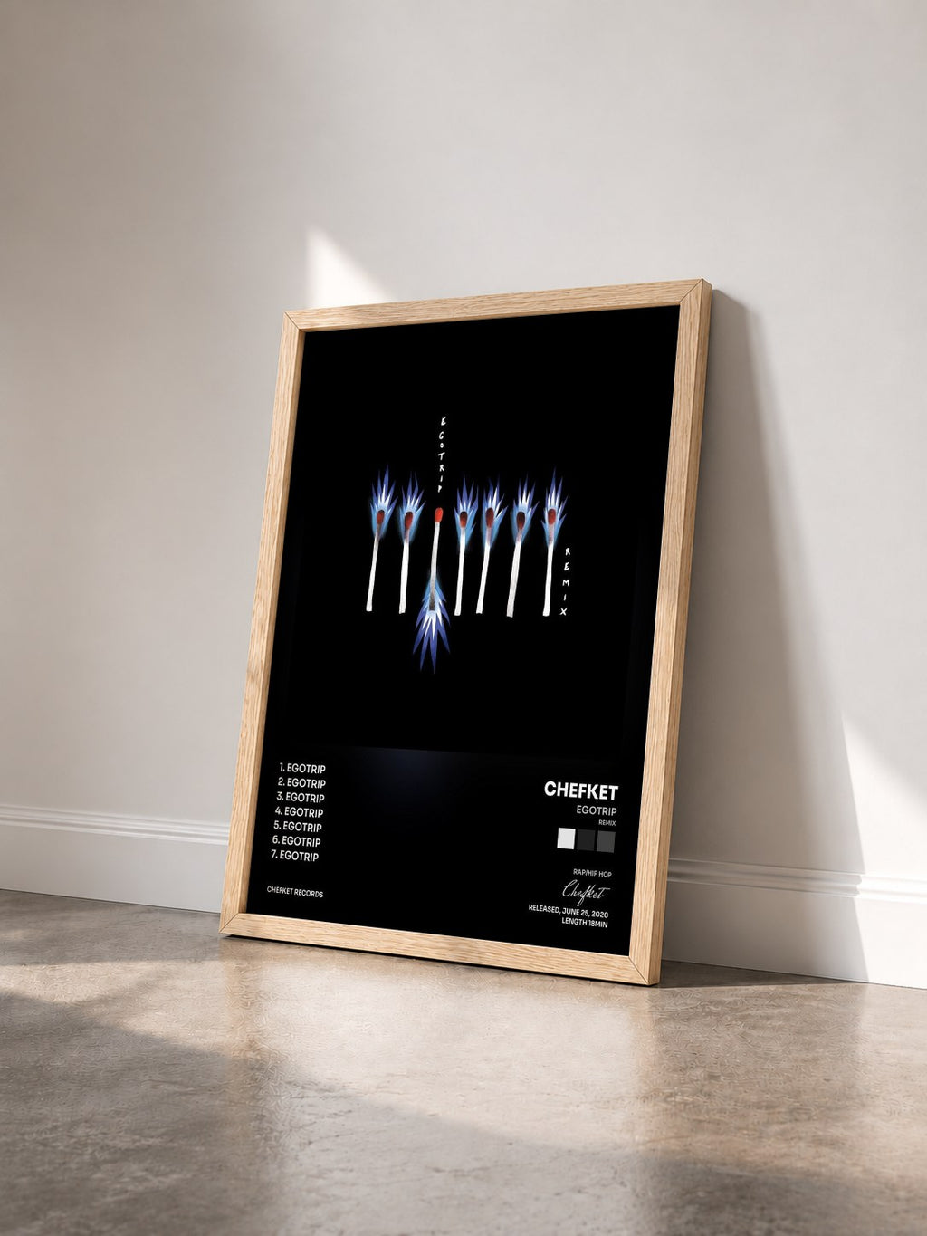 #bois Tableau de l'album Egotrip (Remix) de Chefket vu de trois quarts, cadre en bois brut