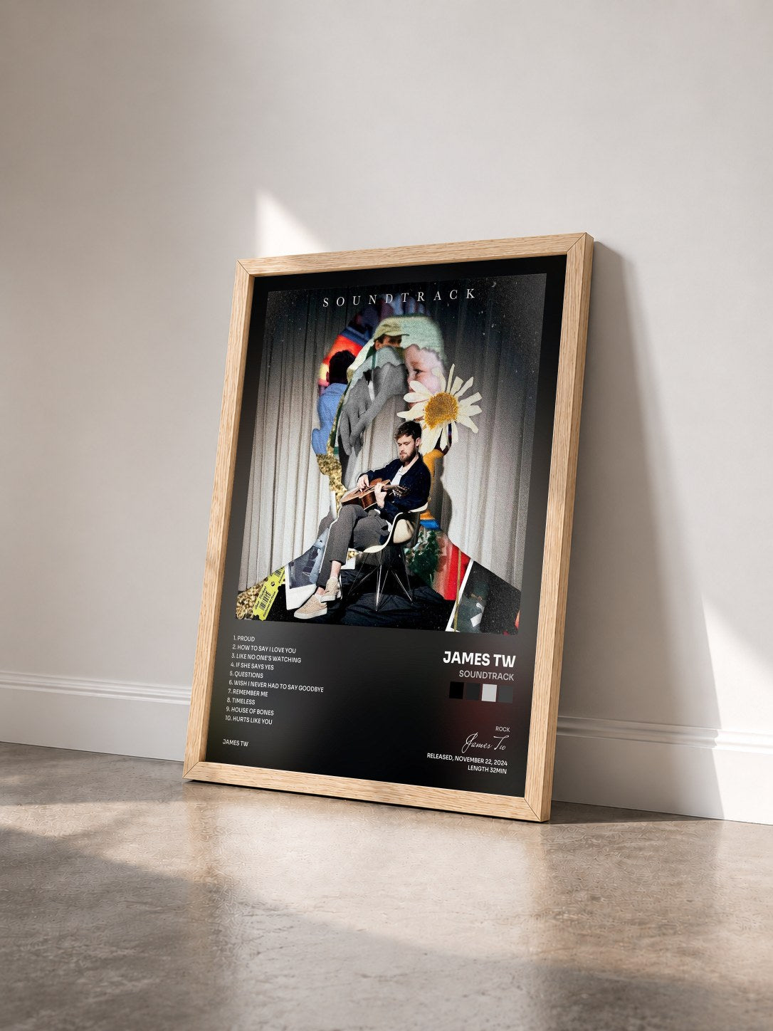 #bois Tableau de l'album Soundtrack de James Tw vu de trois quarts, cadre en bois brut