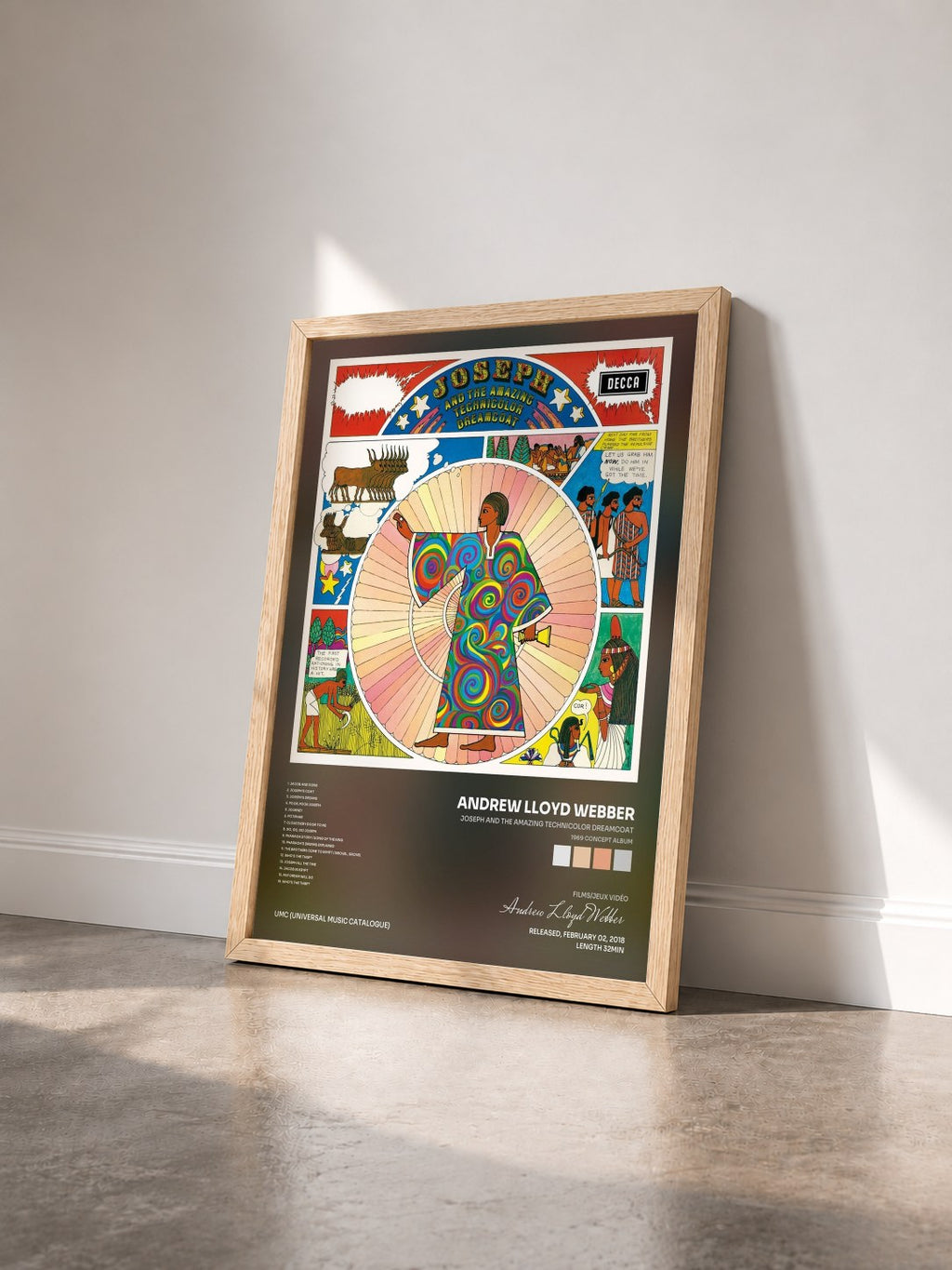 #bois Tableau de l'album Joseph And The Amazing Technicolor Dreamcoat (1969 Concept Album) de Andrew Lloyd Webber vu de trois quarts, cadre en bois brut