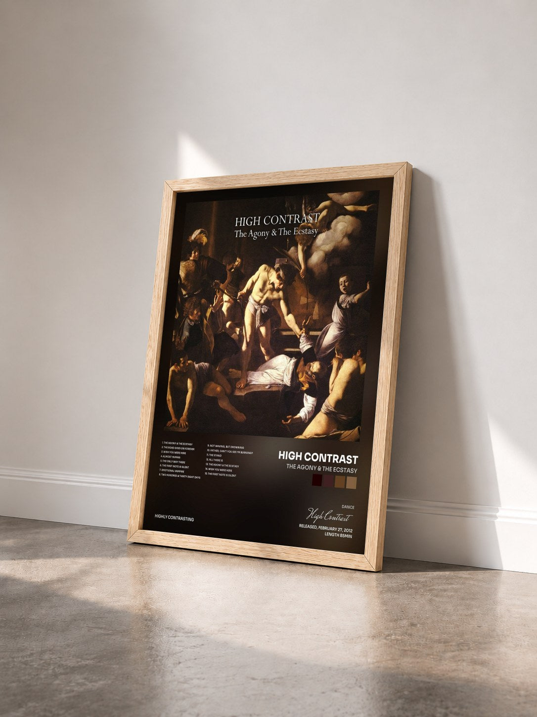 #bois Tableau de l'album The Agony & The Ecstasy de High Contrast vu de trois quarts, cadre en bois brut