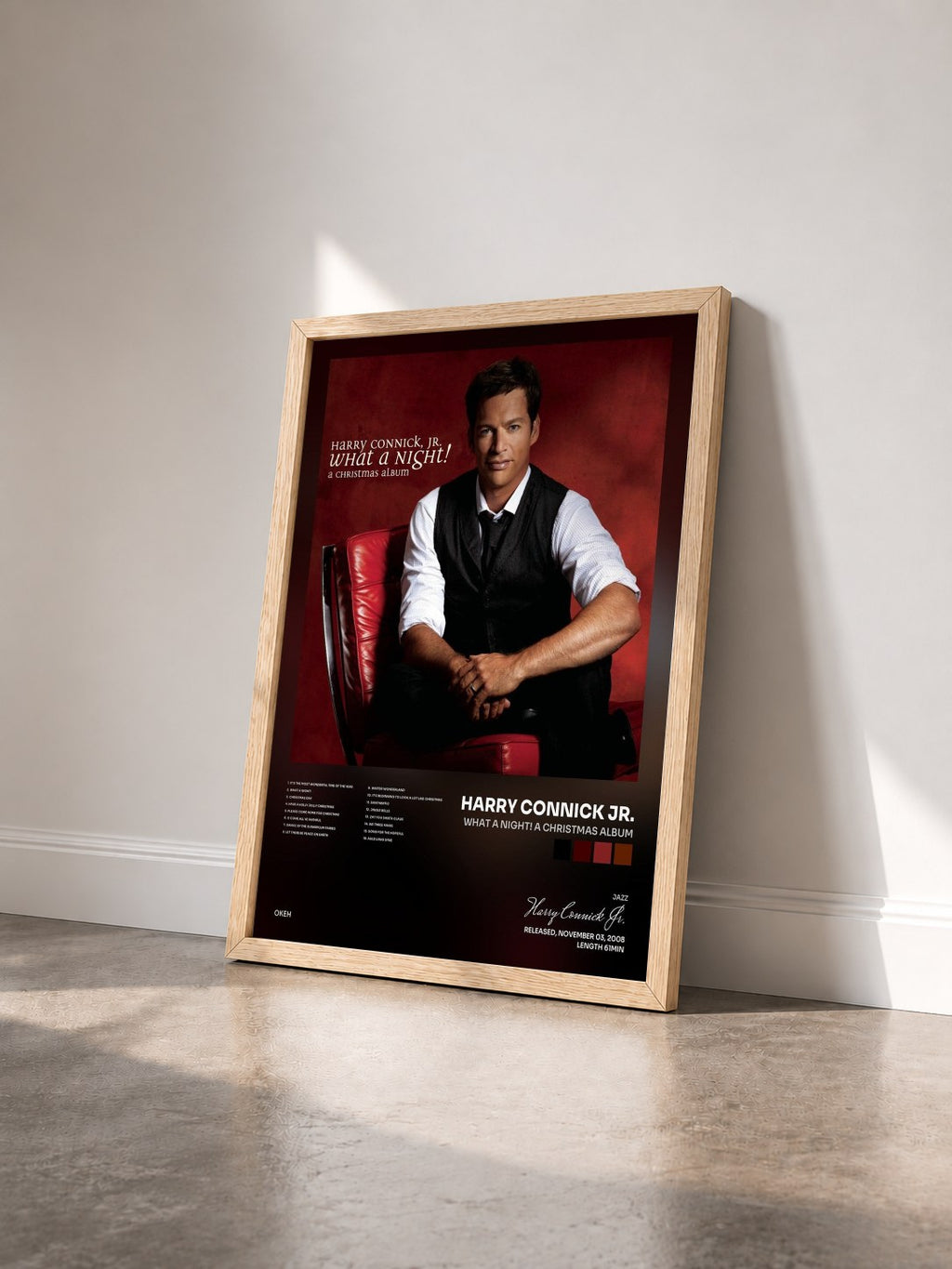 #bois Tableau de l'album What A Night! A Christmas Album de Harry Connick Jr. vu de trois quarts, cadre en bois brut