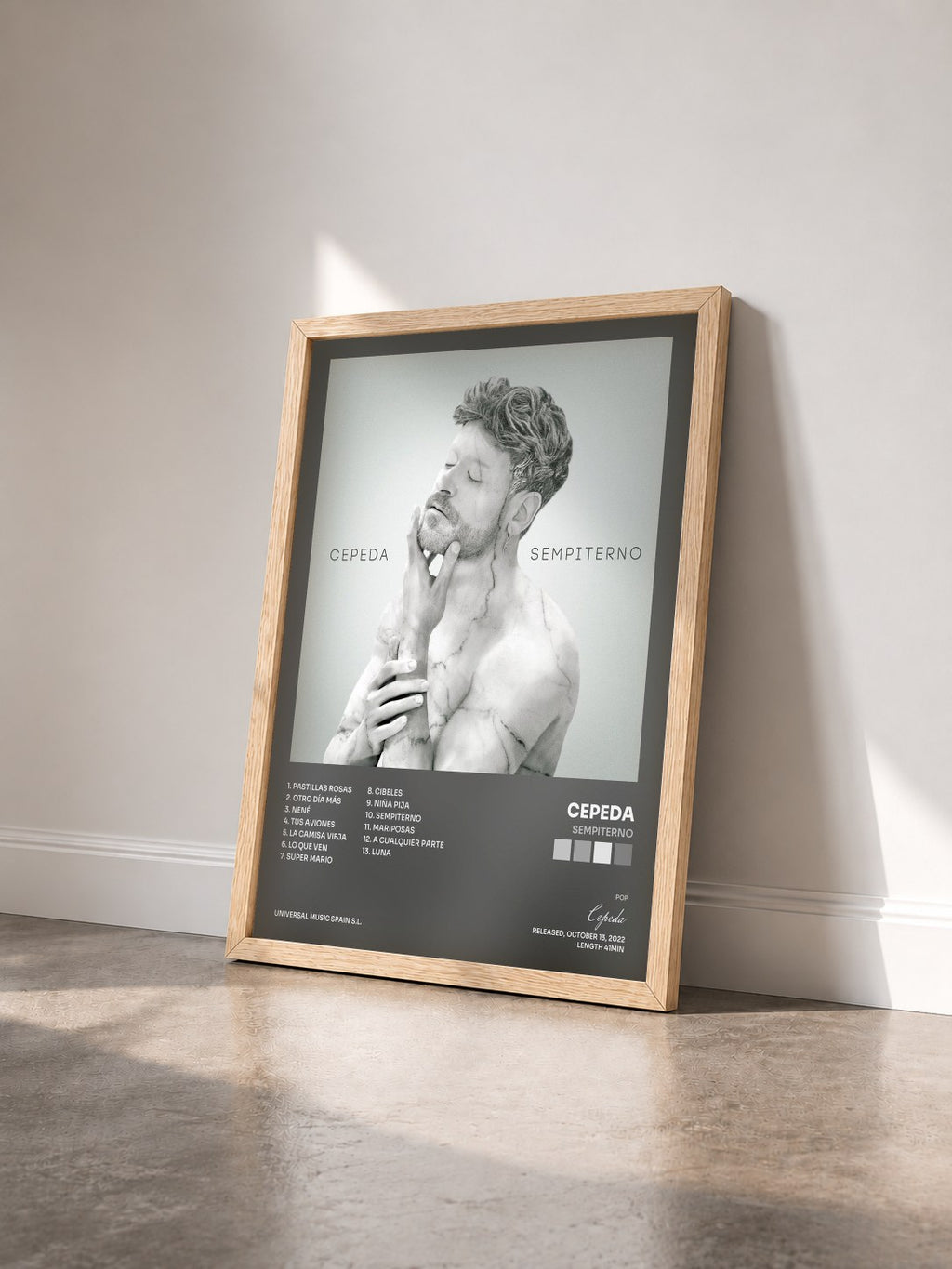 #bois Tableau de l'album Sempiterno de Cepeda vu de trois quarts, cadre en bois brut
