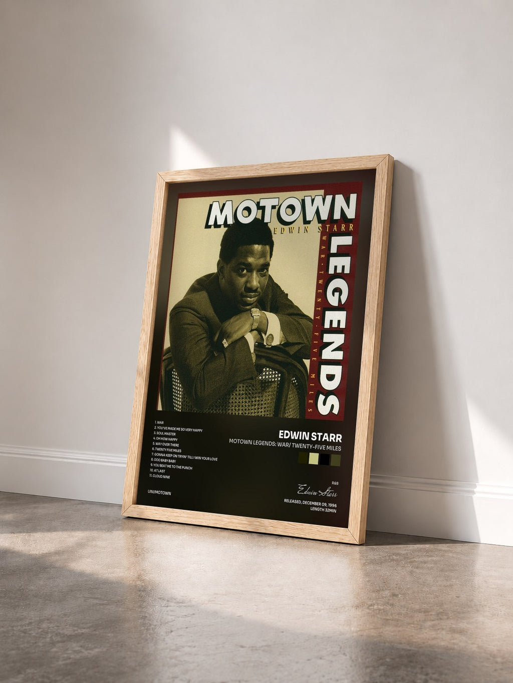 #bois Tableau de l'album Motown Legends: War/ Twenty-five Miles de Edwin Starr vu de trois quarts, cadre en bois brut