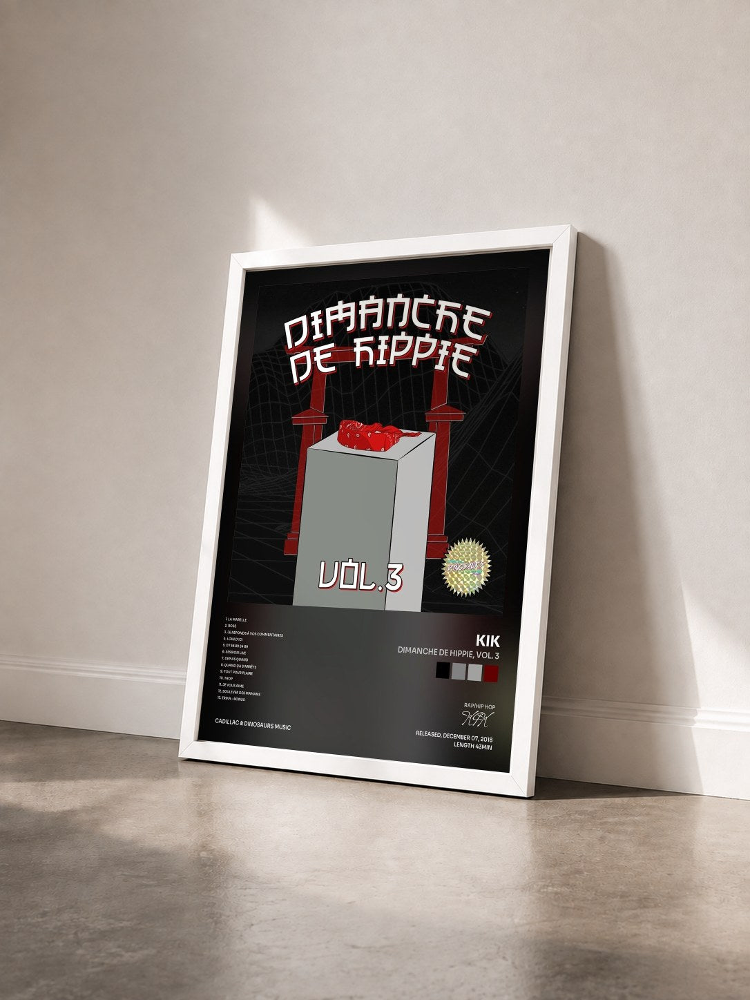 #blanc Tableau de l'album Dimanche de Hippie, Vol. 3 de KIK vu de trois quarts, cadre blanc