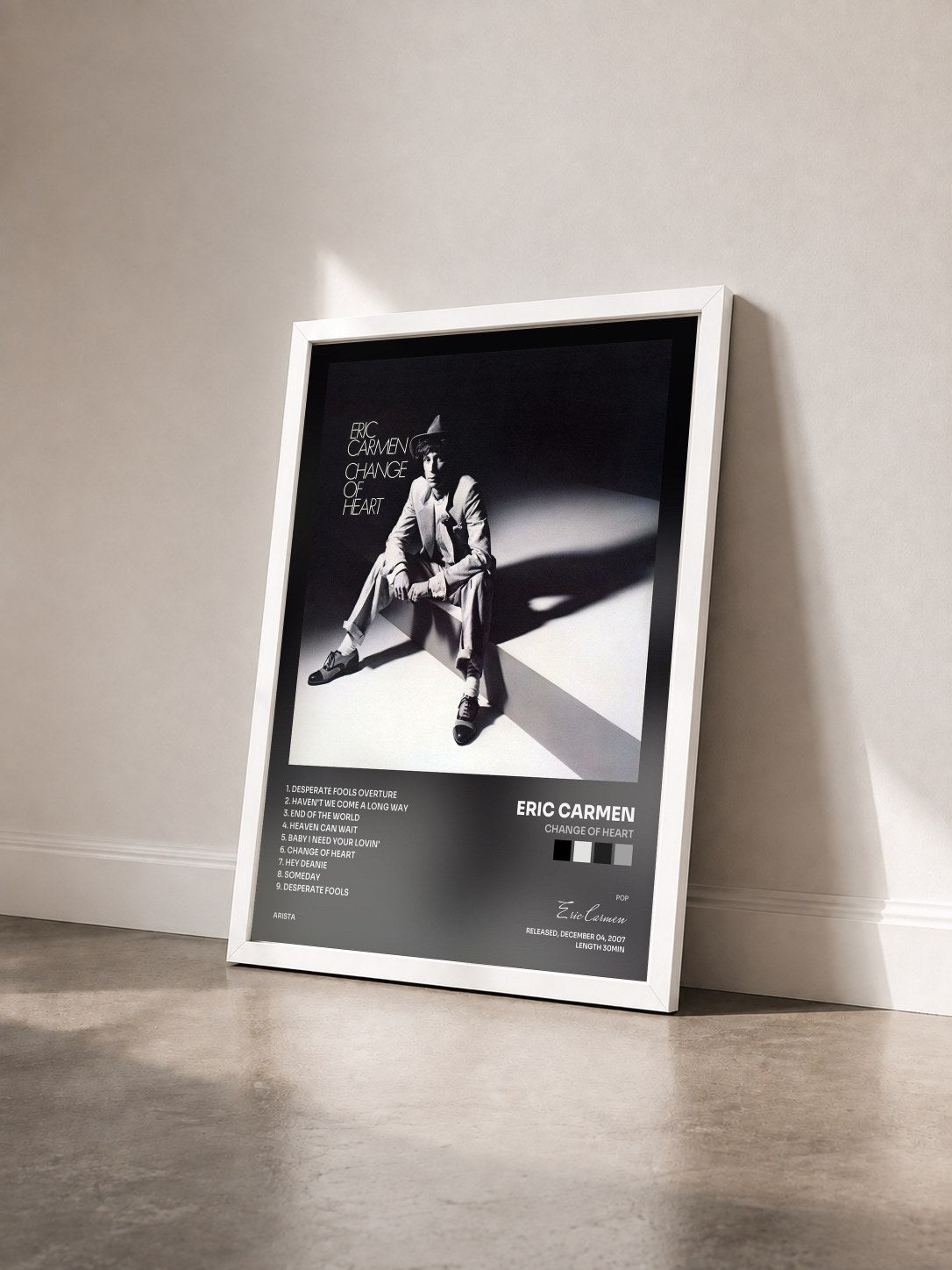 #blanc Tableau de l'album Change Of Heart de Eric Carmen vu de trois quarts, cadre blanc