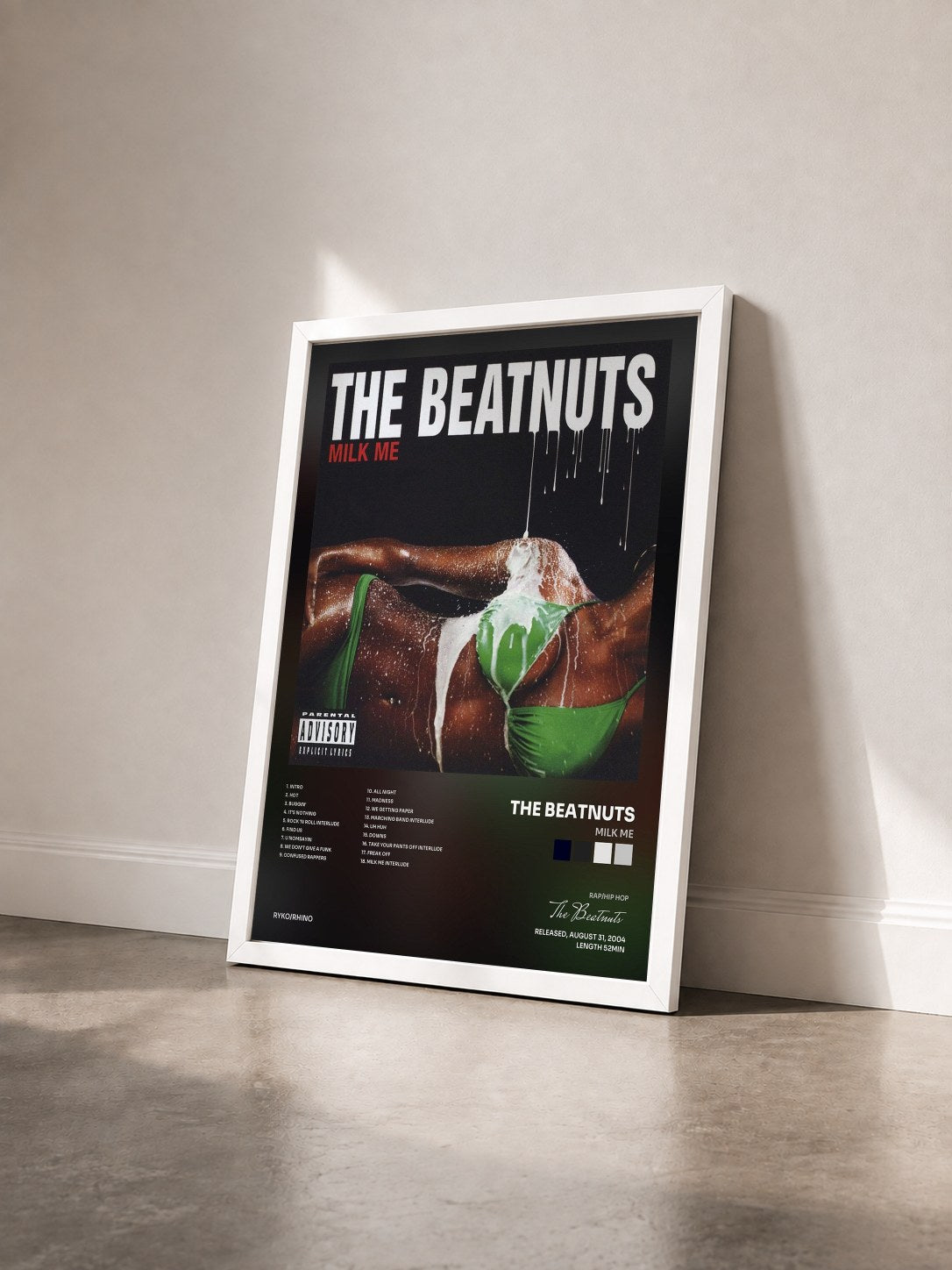 #blanc Tableau de l'album Milk Me de The Beatnuts vu de trois quarts, cadre blanc