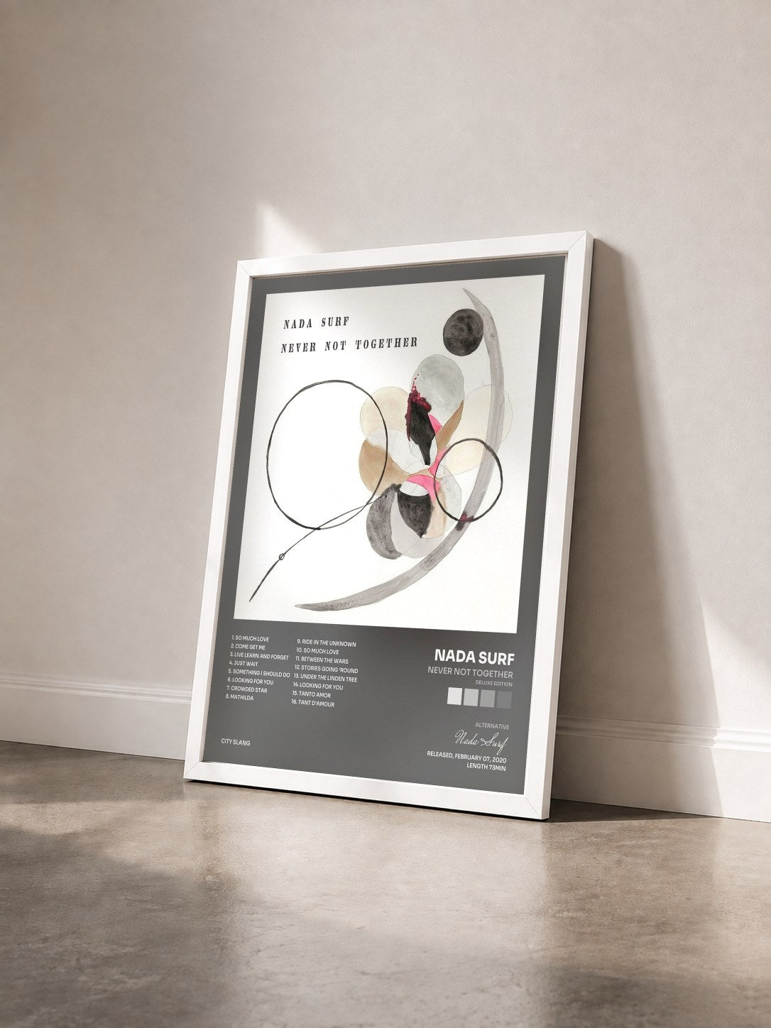 #blanc Tableau de l'album Never Not Together (Deluxe Edition) de Nada Surf vu de trois quarts, cadre blanc