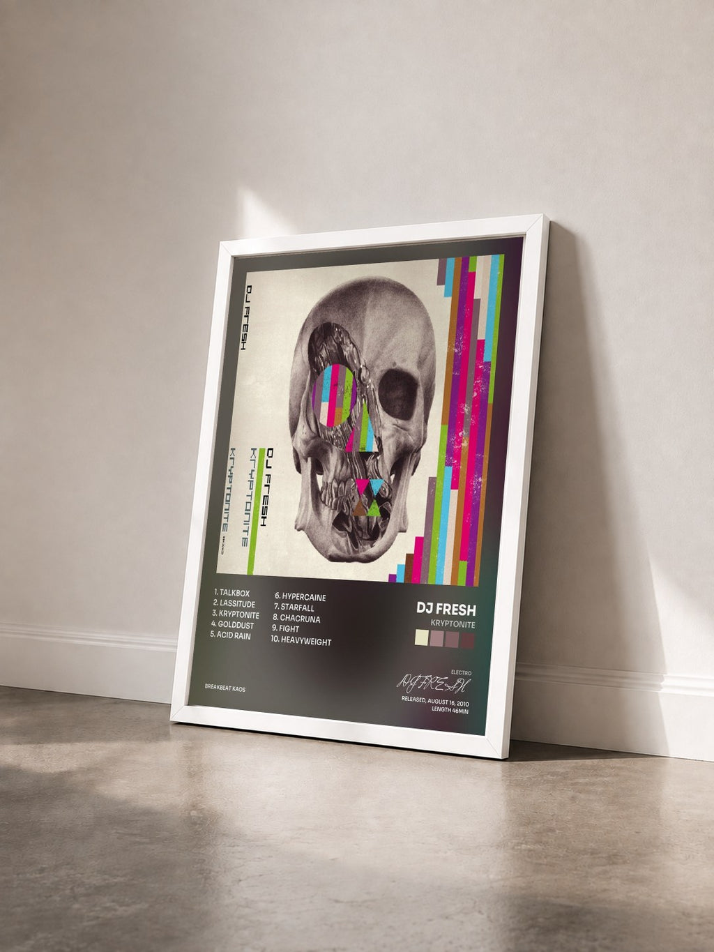 #blanc Tableau de l'album Kryptonite de DJ FRESH vu de trois quarts, cadre blanc