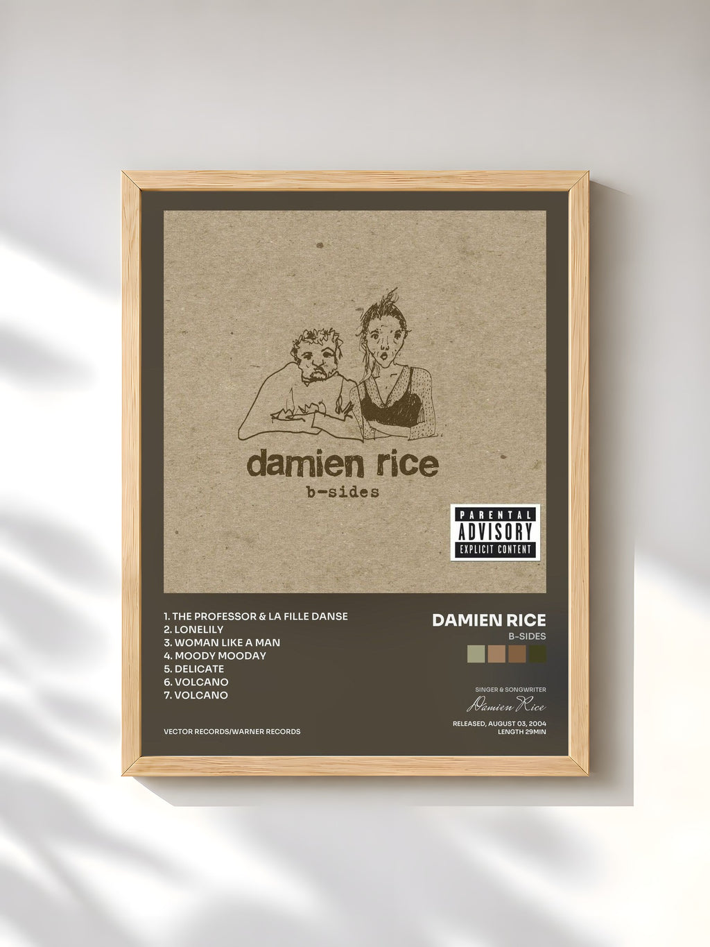 #bois Tableau de l'album B-Sides de Damien Rice, cadre en bois brut, imprimé et encadré en France