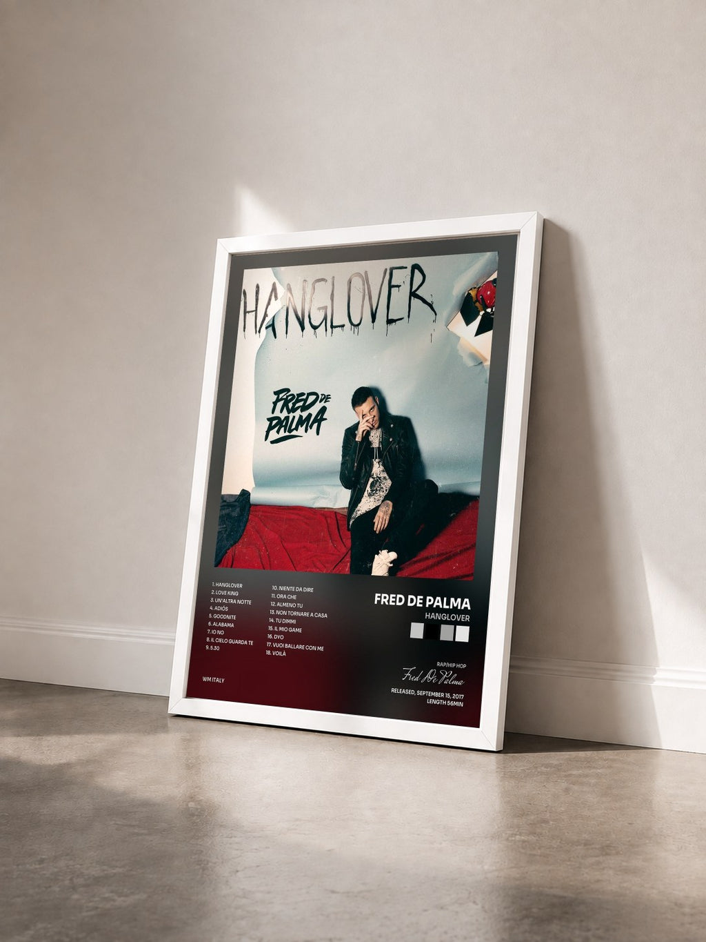 #blanc Tableau de l'album Hanglover de Fred De Palma vu de trois quarts, cadre blanc